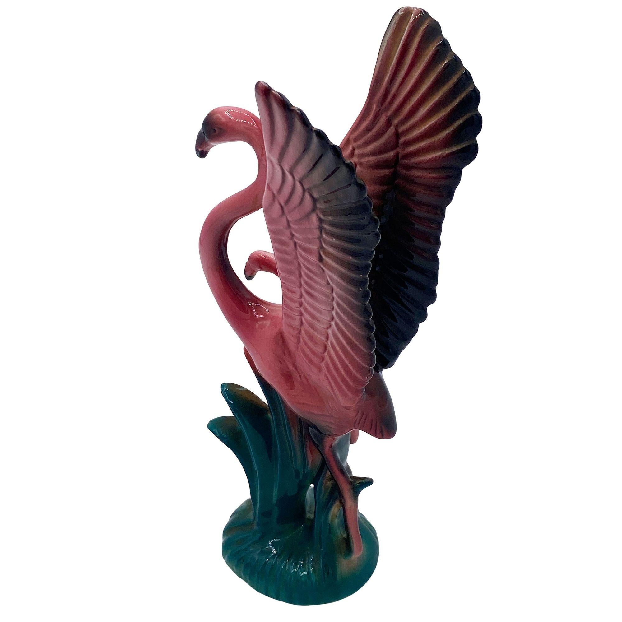 American MCM Open Wing Mother & Child Pink Flamingo Ceramic Tabletop Statue By Leftons For Sale