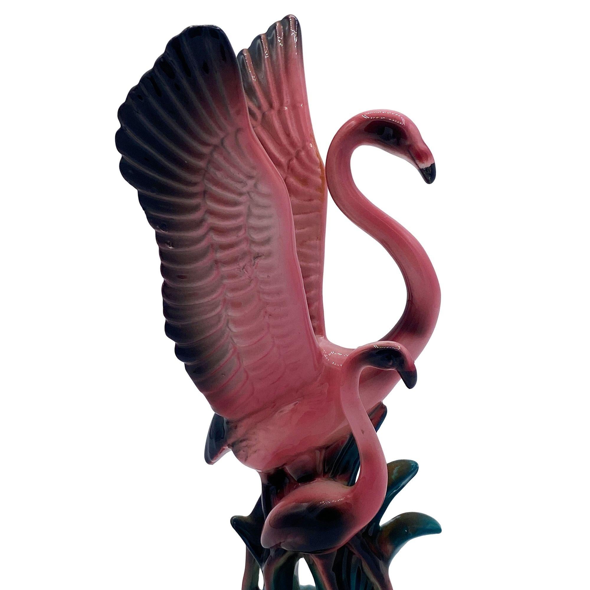 Mid-20th Century MCM Open Wing Mother & Child Pink Flamingo Ceramic Tabletop Statue By Leftons For Sale