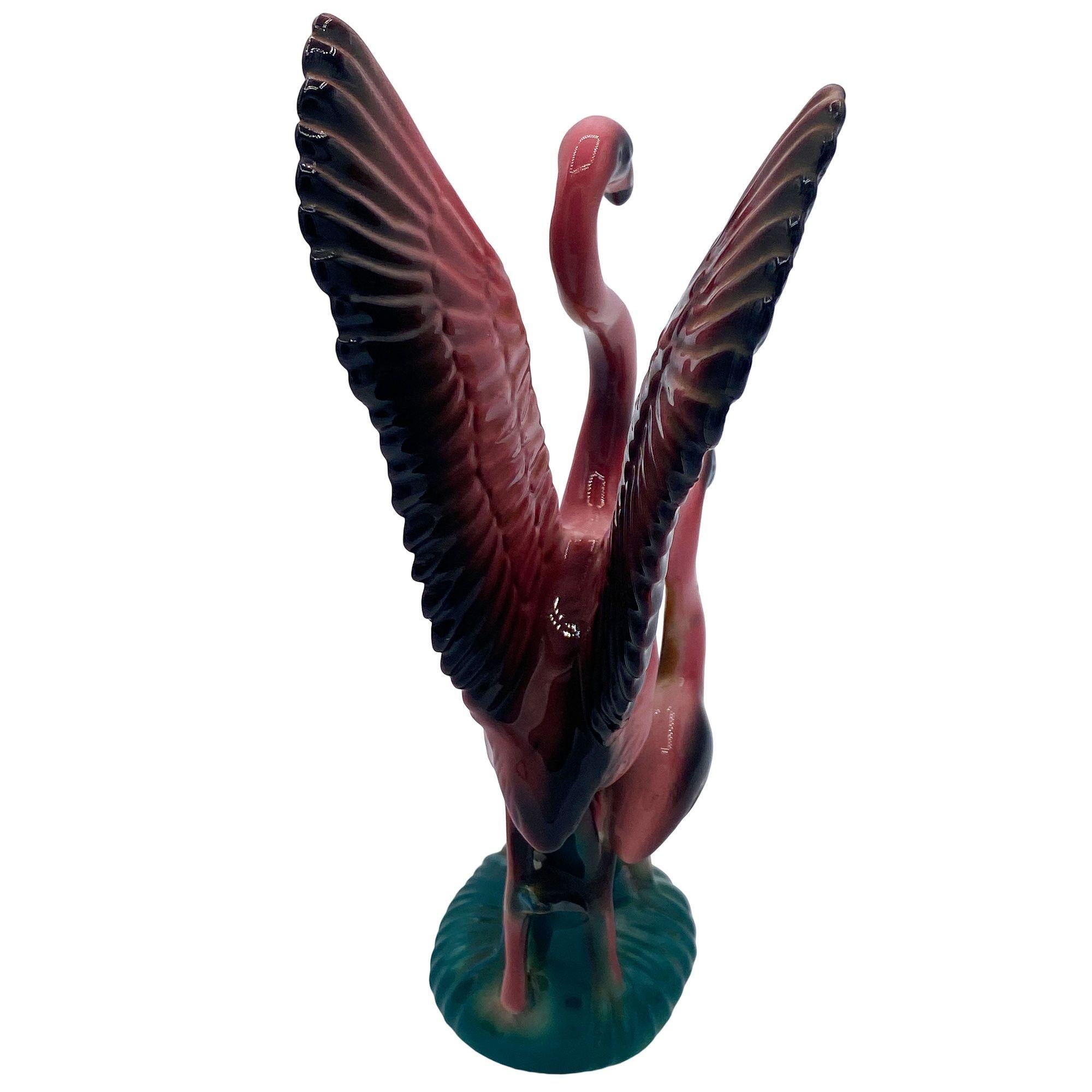 MCM Open Wing Mother & Child Pink Flamingo Ceramic Tabletop Statue By Leftons For Sale 1