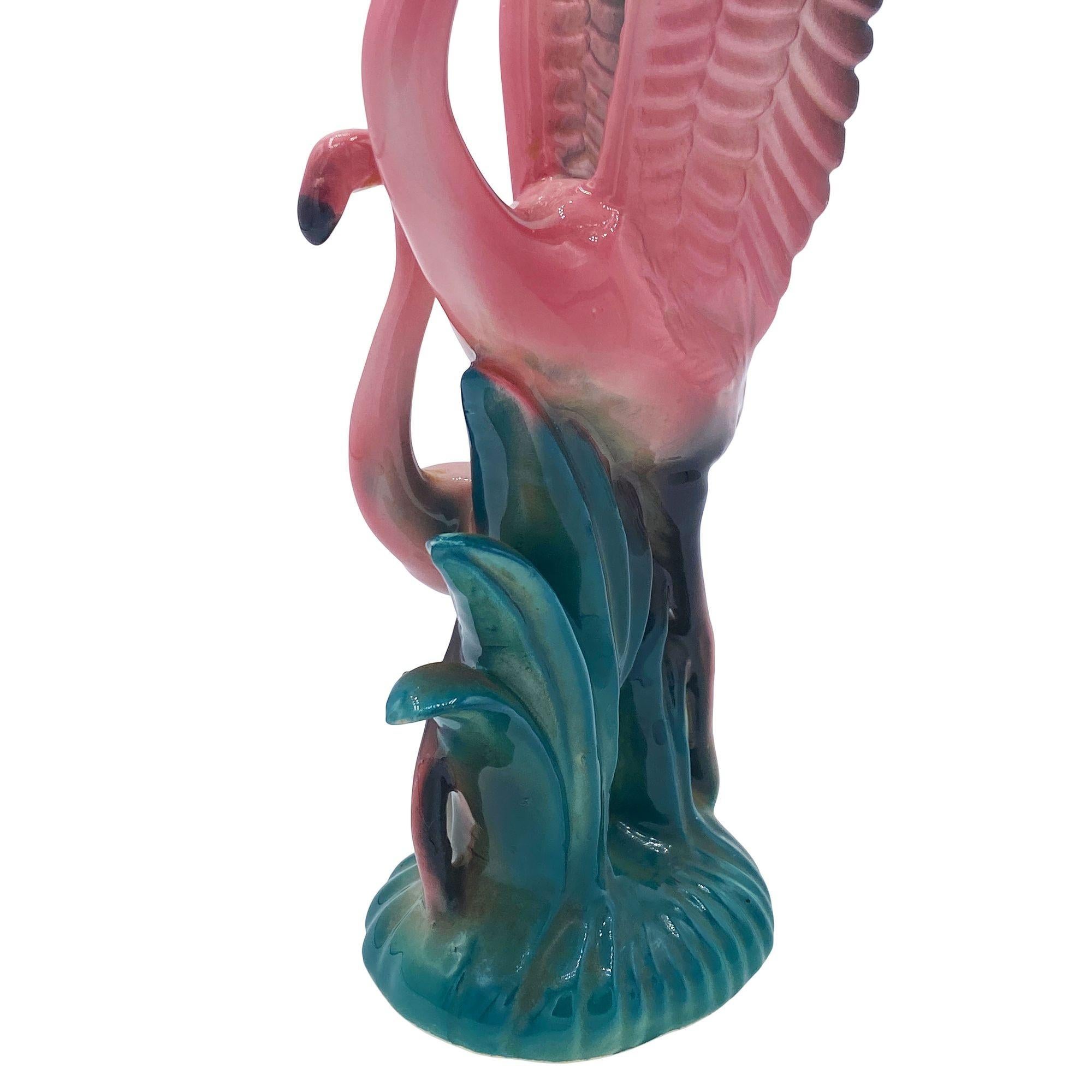 MCM Open Wing Mother & Child Pink Flamingo Ceramic Tabletop Statue By Leftons For Sale 2