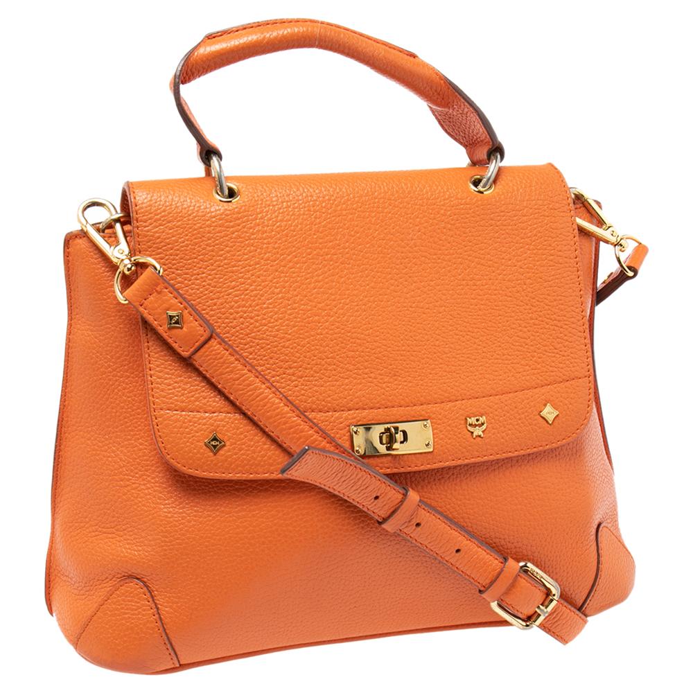 MCM Orange Leather Studded Flap Top Handle Bag 5