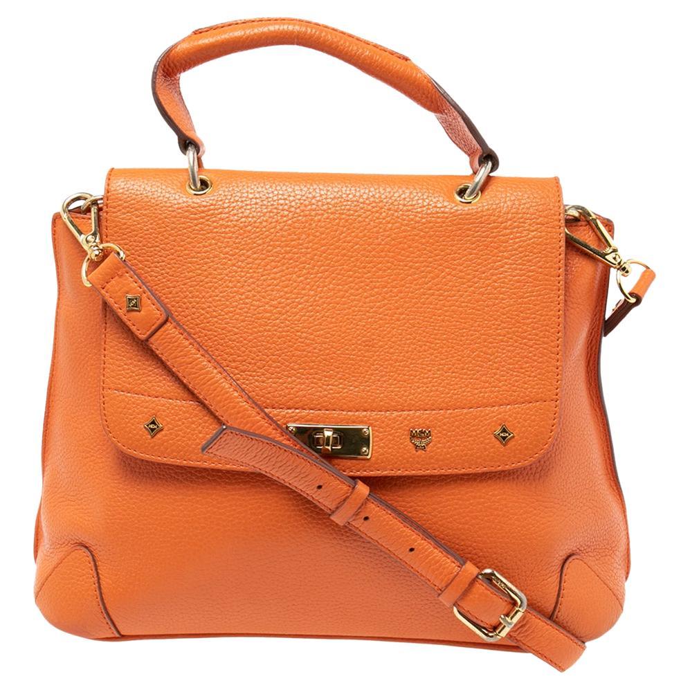 MCM Orange Leather Studded Flap Top Handle Bag