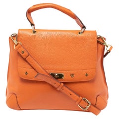 MCM Orange Leather Studded Flap Top Handle Bag