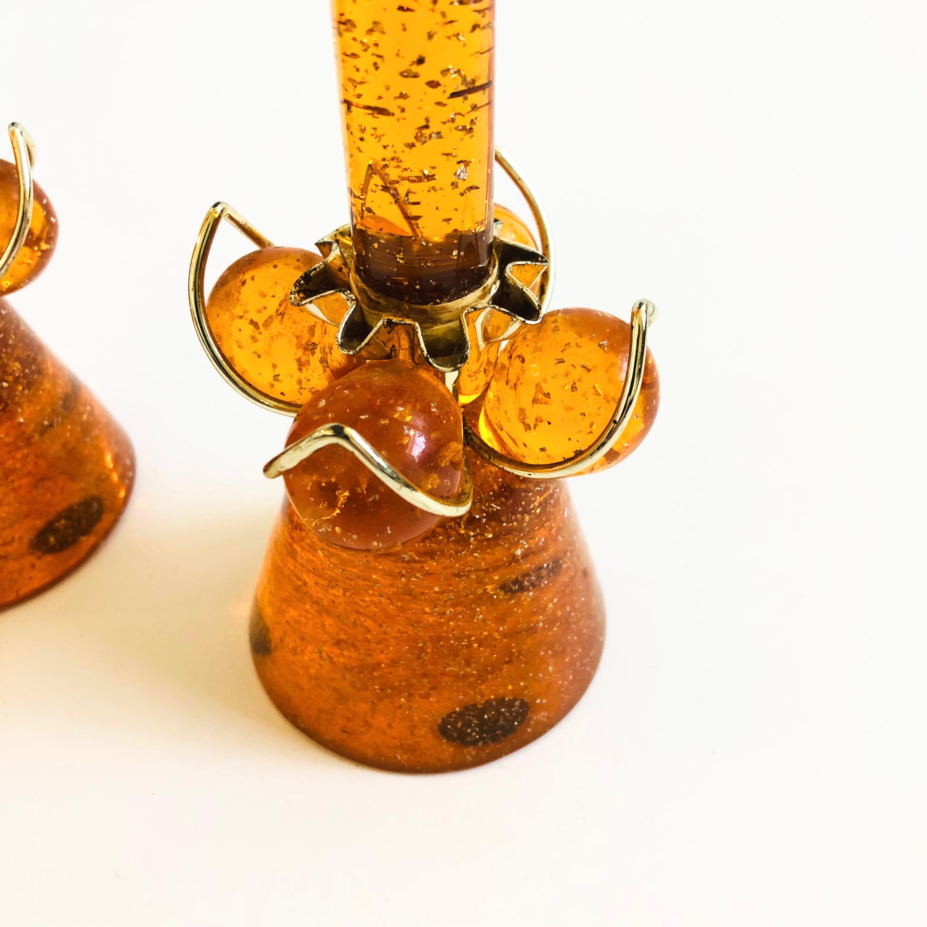 MCM Orange Lucite Candle Holders and Candles - Set of 2 In Good Condition In Fairfield, CA
