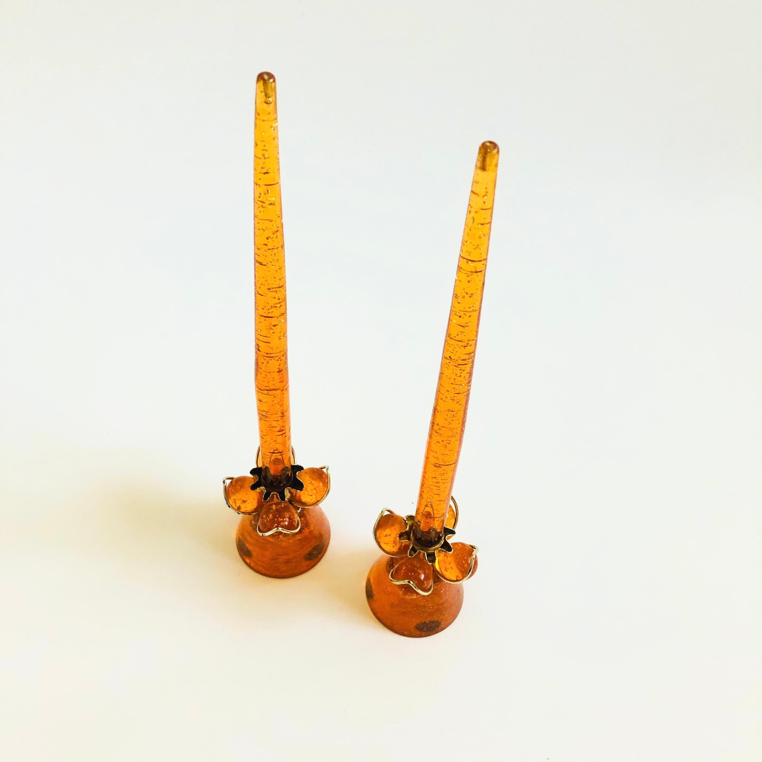 Brass MCM Orange Lucite Candle Holders and Candles - Set of 2