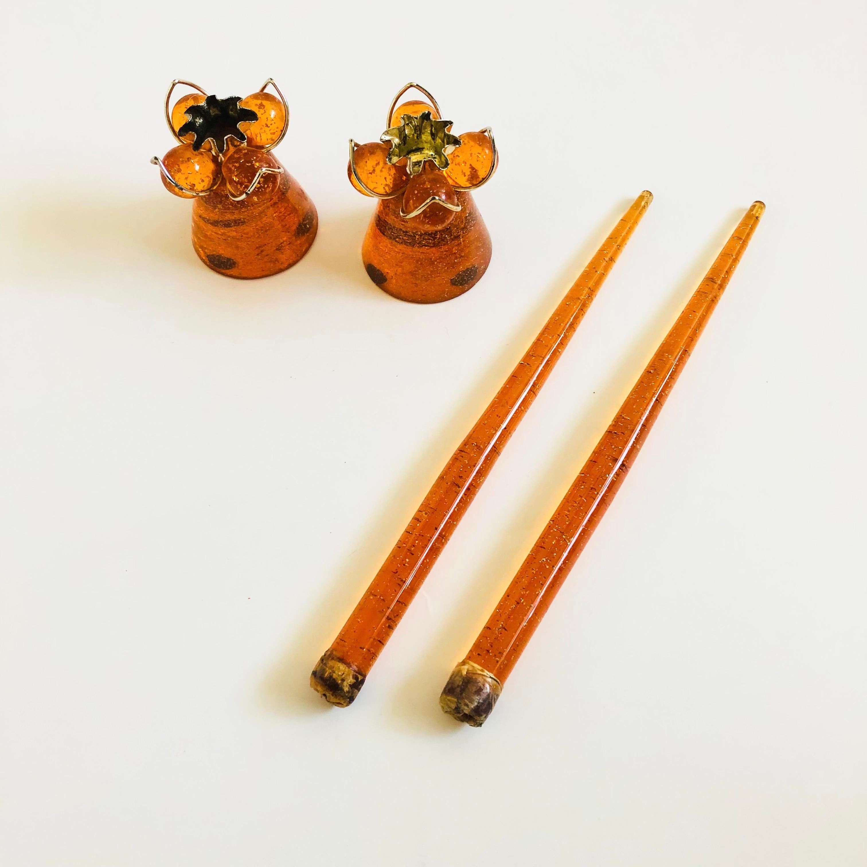 MCM Orange Lucite Candle Holders and Candles - Set of 2 1