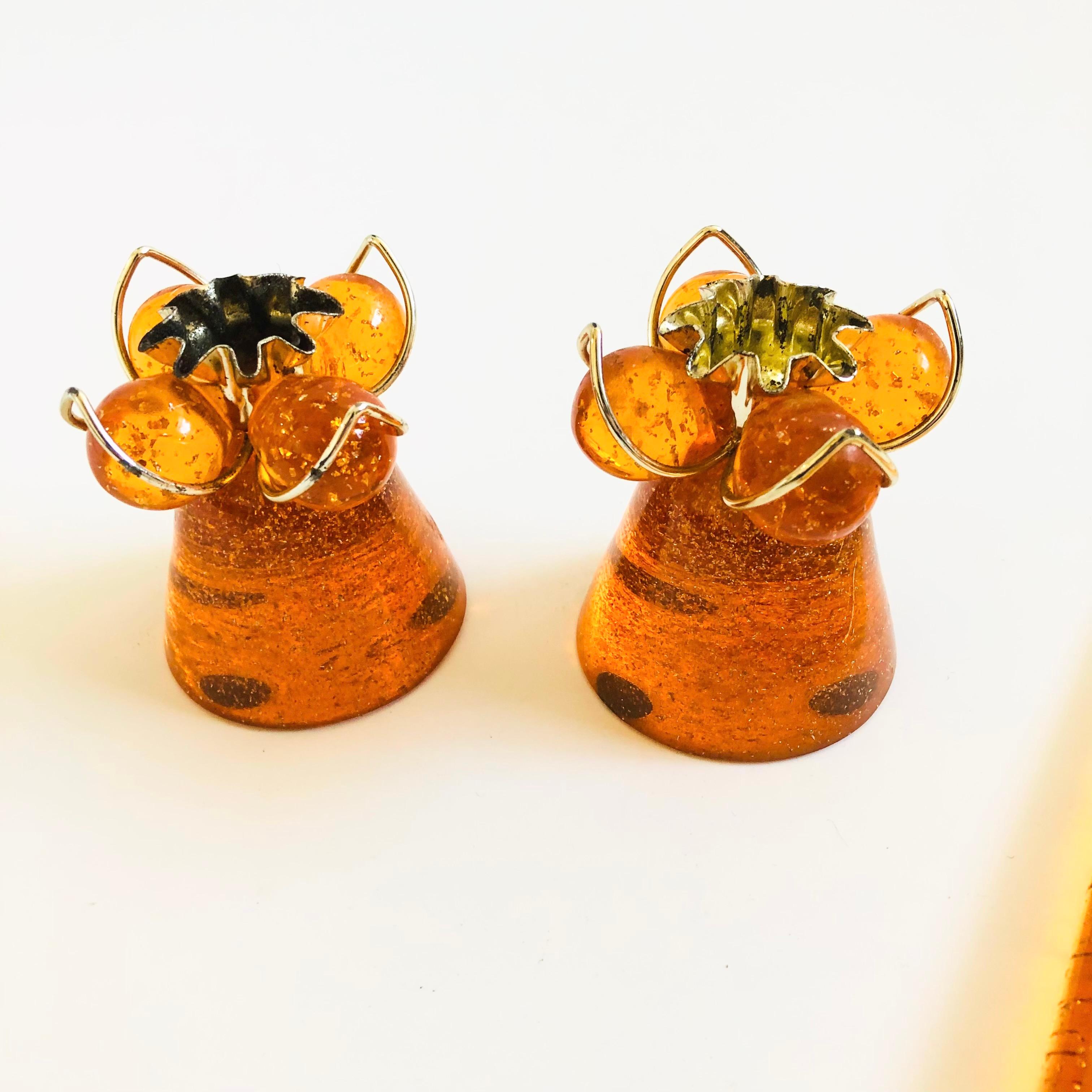 MCM Orange Lucite Candle Holders and Candles - Set of 2 3
