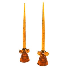 MCM Orange Lucite Candle Holders and Candles - Set of 2