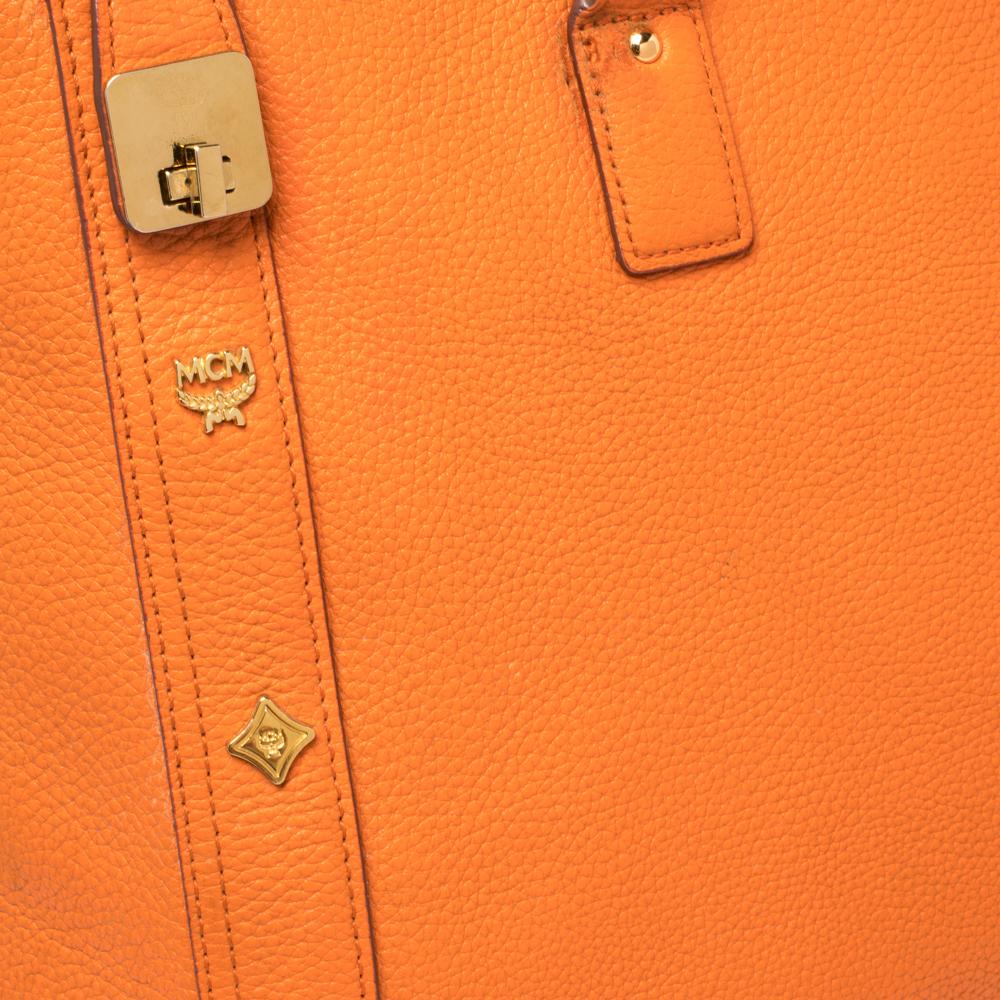 MCM Orange Textured Leather Large Tote For Sale 5