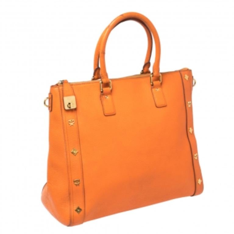 MCM Orange Textured Leather Large Tote For Sale 2