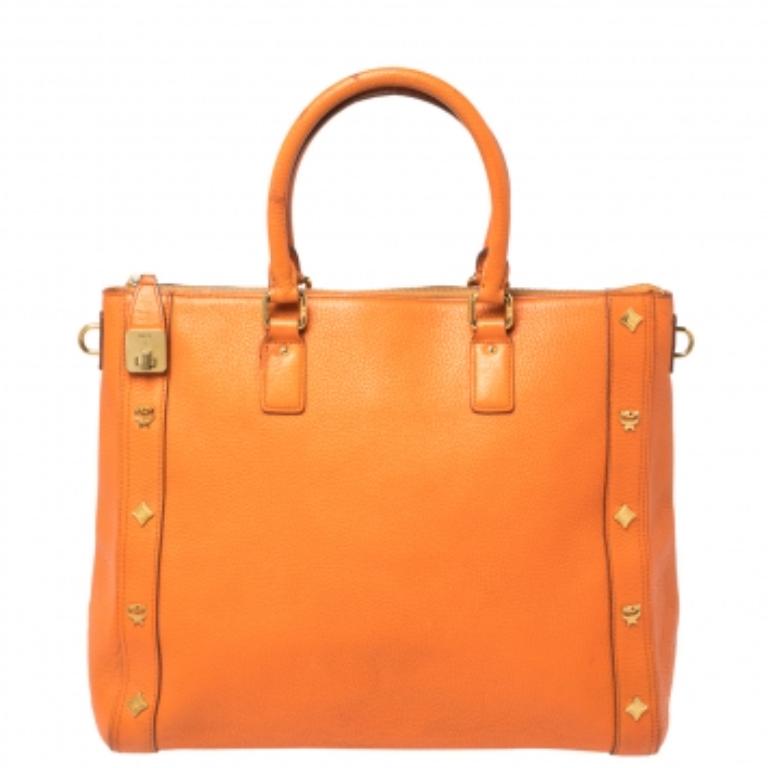 MCM Orange Textured Leather Large Tote For Sale 3