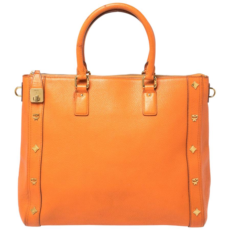 MCM Orange Textured Leather Large Tote For Sale
