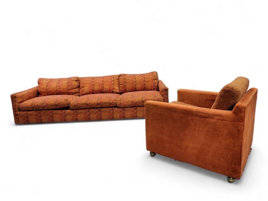 20ième siècle MCM Original Milo Baughman Tuxedo Sofa & Cube Chair for Thayer Coggin- 2 Pieces en vente
