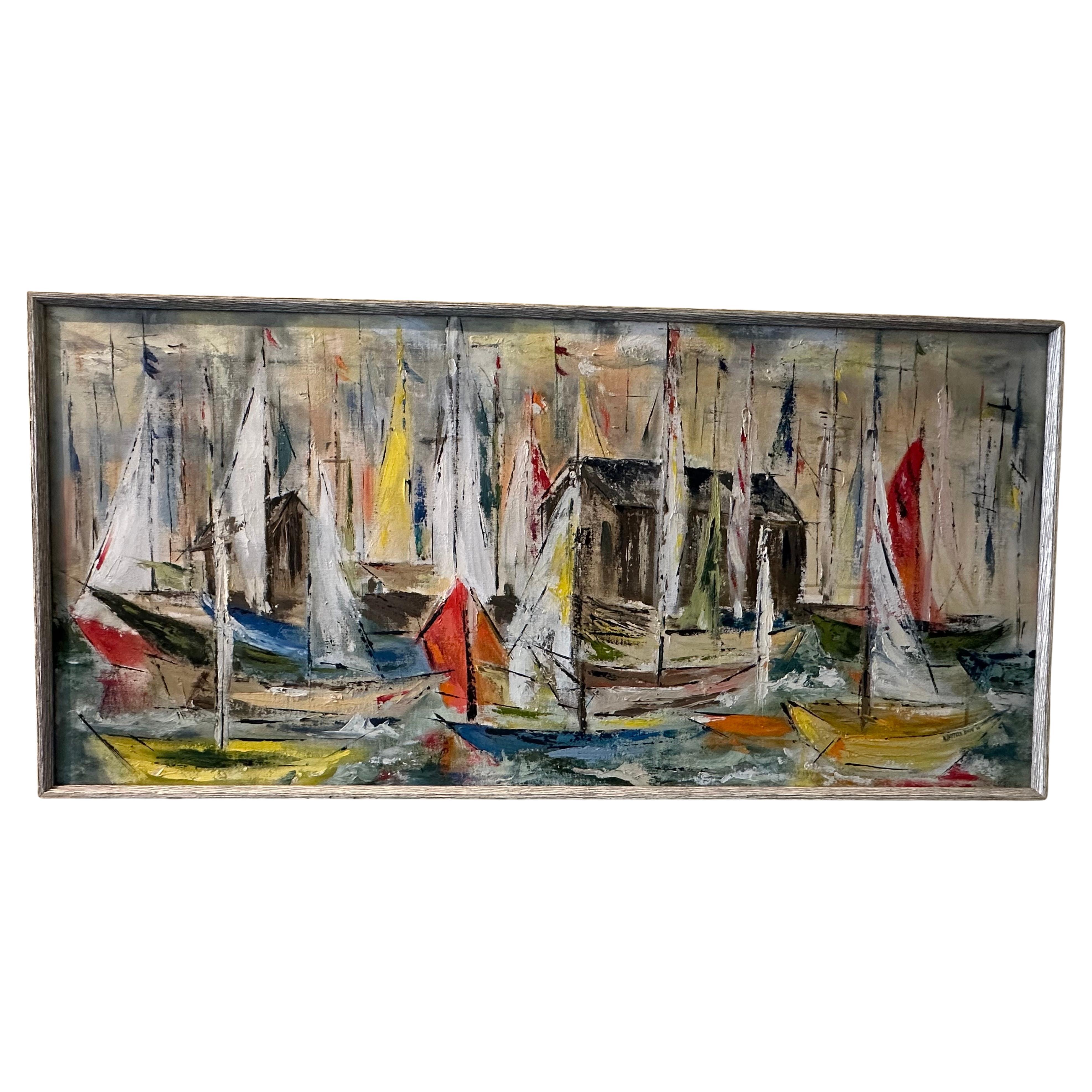 MCM Original Öl auf Leinwand Seelandschaft / Regatta Gemälde von N. Shiffler Bush ca. 1966. Dieses schöne Gemälde ist in sehr gutem Zustand und misst 38,75 