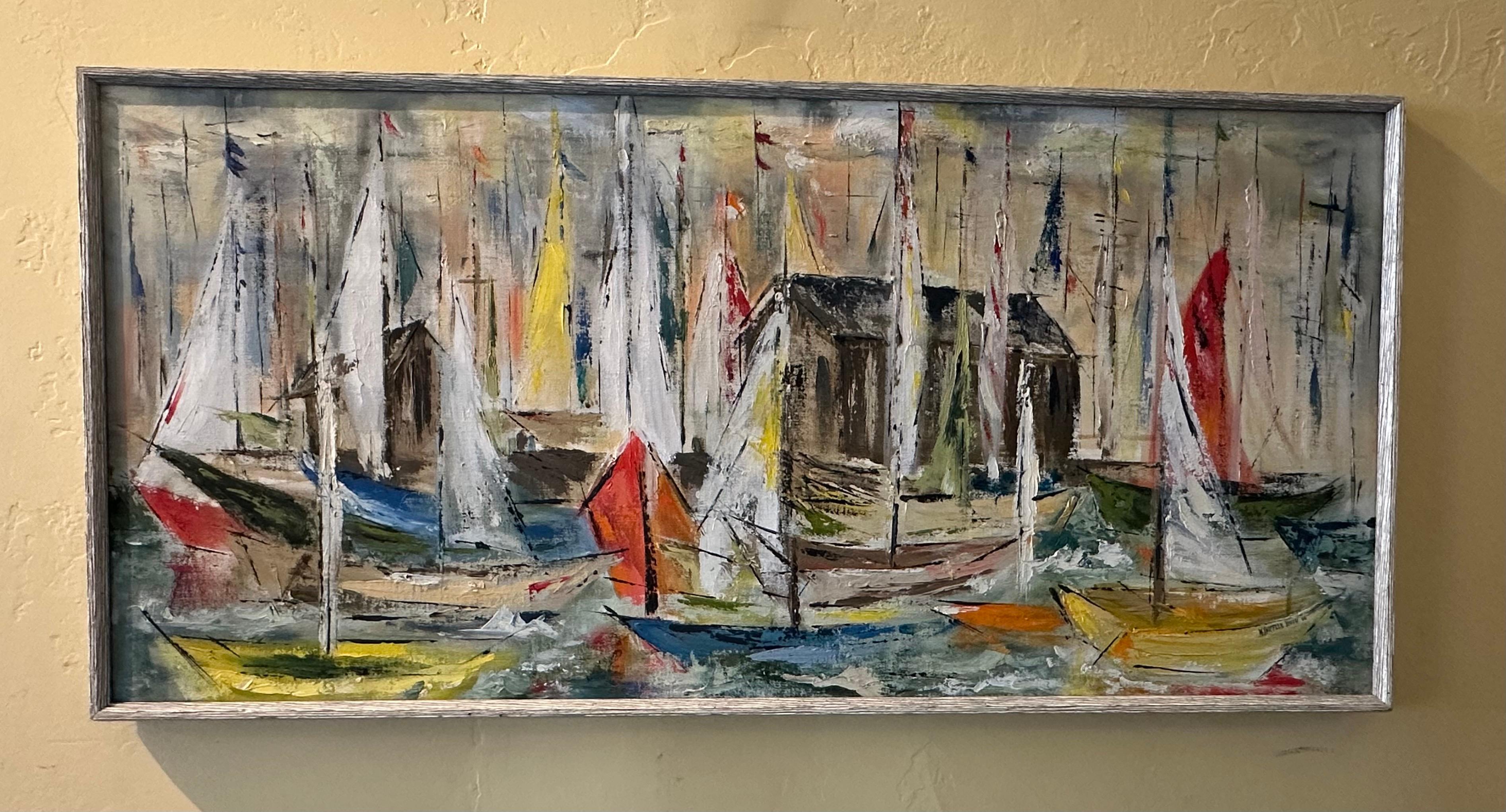 MCM Original Öl auf Leinwand Meereslandschaft / Regatta Gemälde von N. Shiffler Bush, Original (Moderne der Mitte des Jahrhunderts) im Angebot