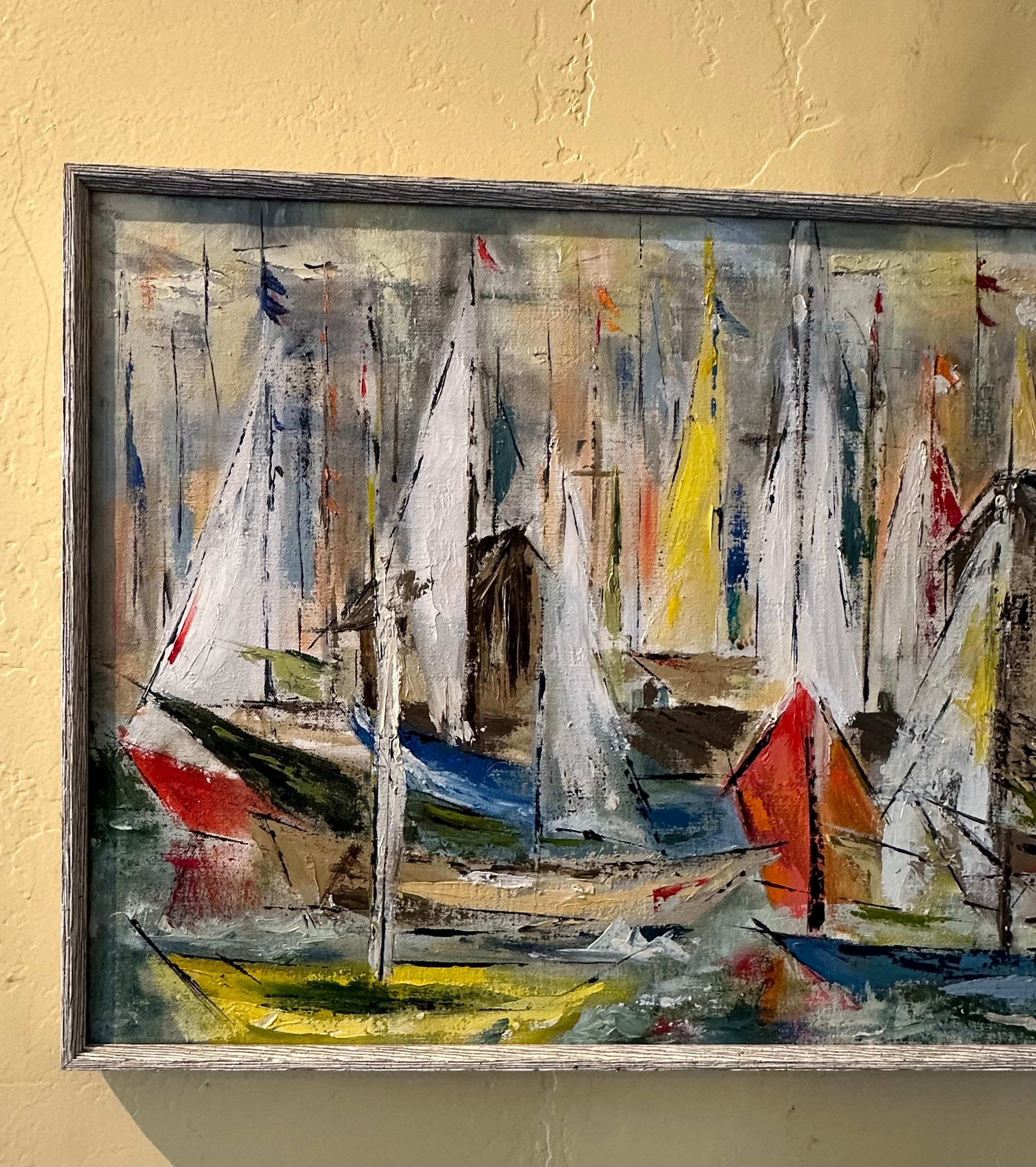 MCM Original Öl auf Leinwand Meereslandschaft / Regatta Gemälde von N. Shiffler Bush, Original im Zustand „Gut“ im Angebot in San Diego, CA