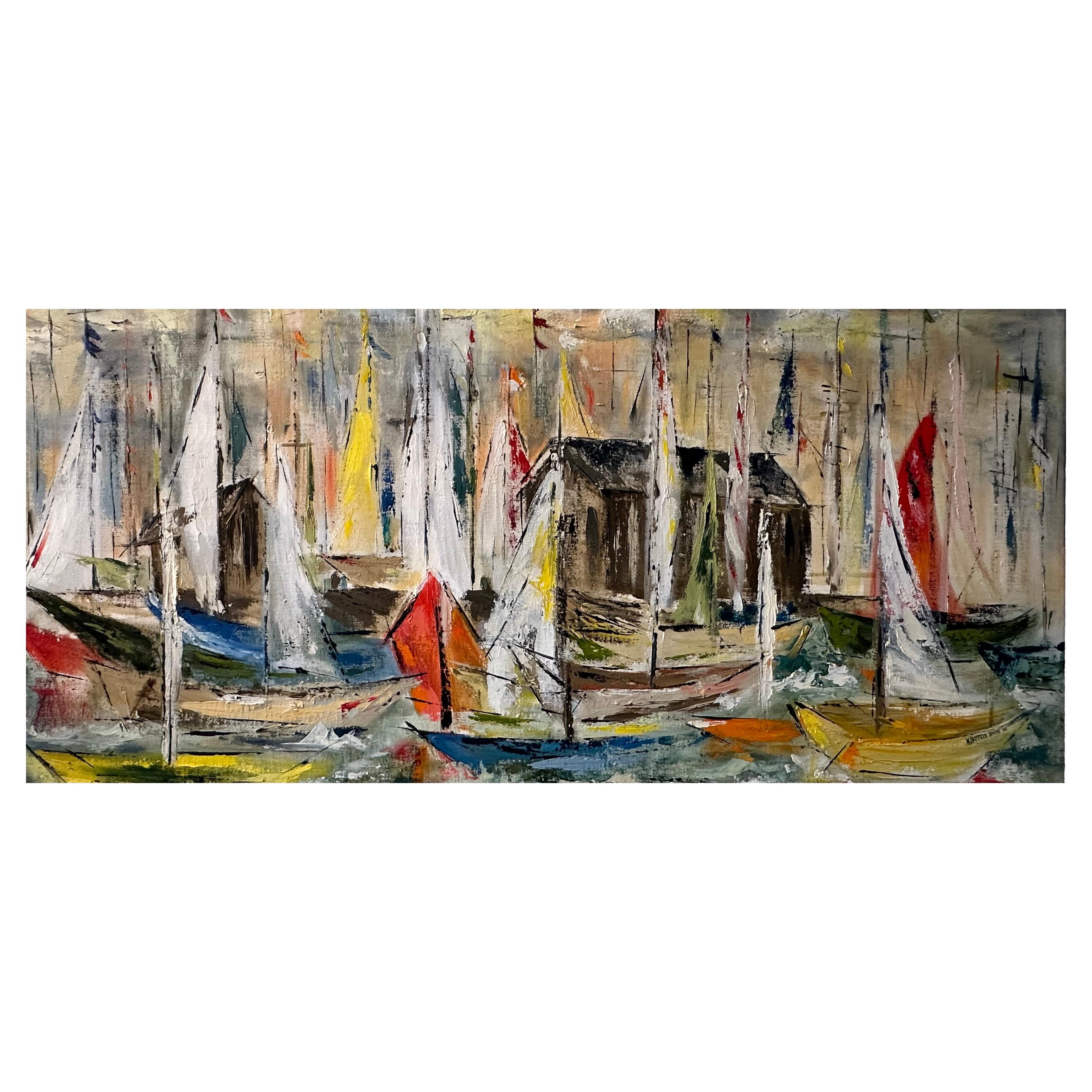 MCM Pittura originale di N. Shiffler Bush su tela con paesaggio marino / regata