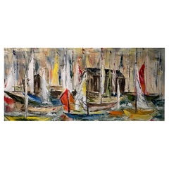 MCM Pittura originale di N. Shiffler Bush su tela con paesaggio marino / regata