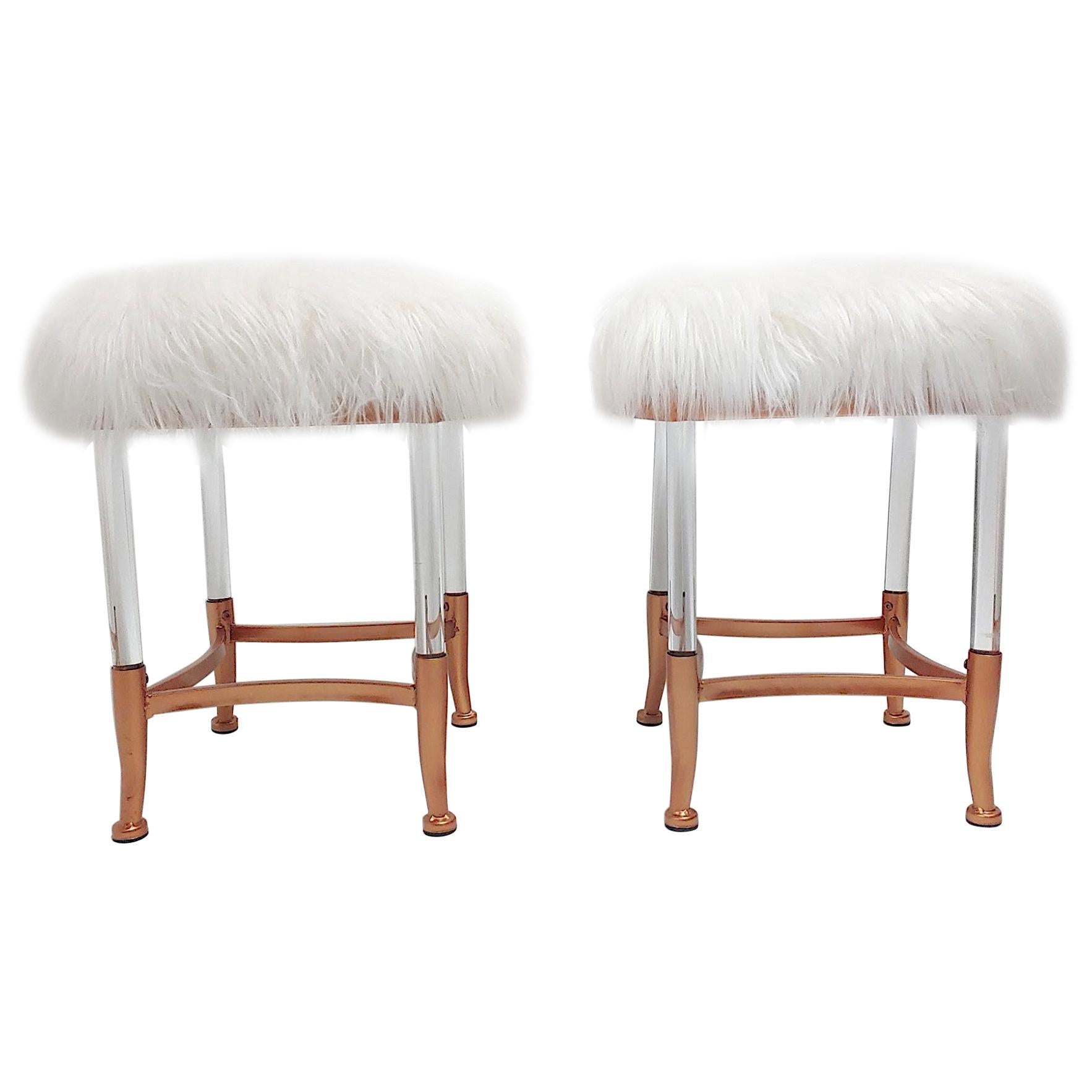MCM-Pair Copper Lucite Frame Long Hair Sheepskin Stools Ottomans For Sale