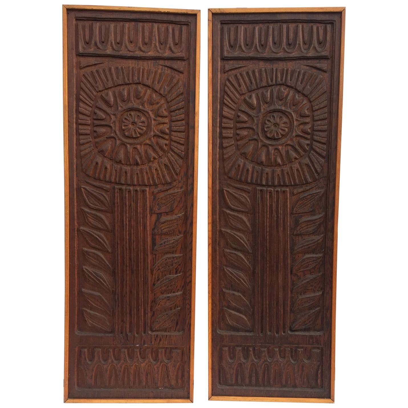 MCM Pair of Evelyn Ackerman Wood Carved Panels for Panelcarve, Joy’s Flower