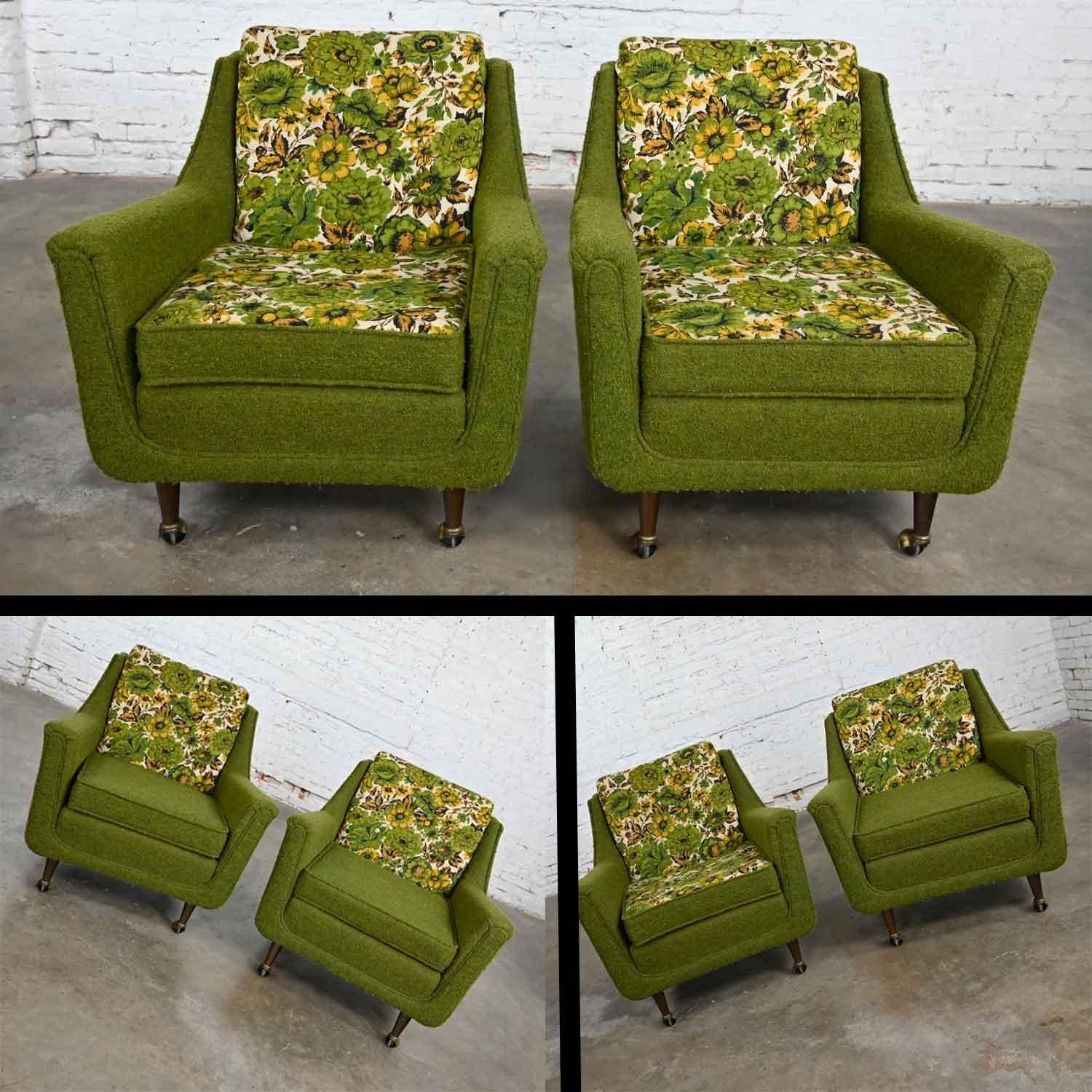 MCM Pair Two-Toned Lounge Chairs by Mastercraft Original Green & Floral Fabric 1