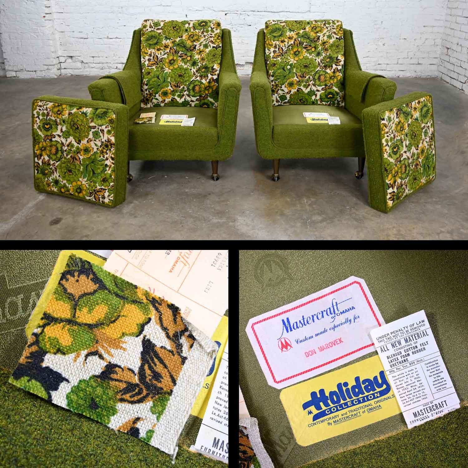 MCM Pair Two-Toned Lounge Chairs by Mastercraft Original Green & Floral Fabric 3