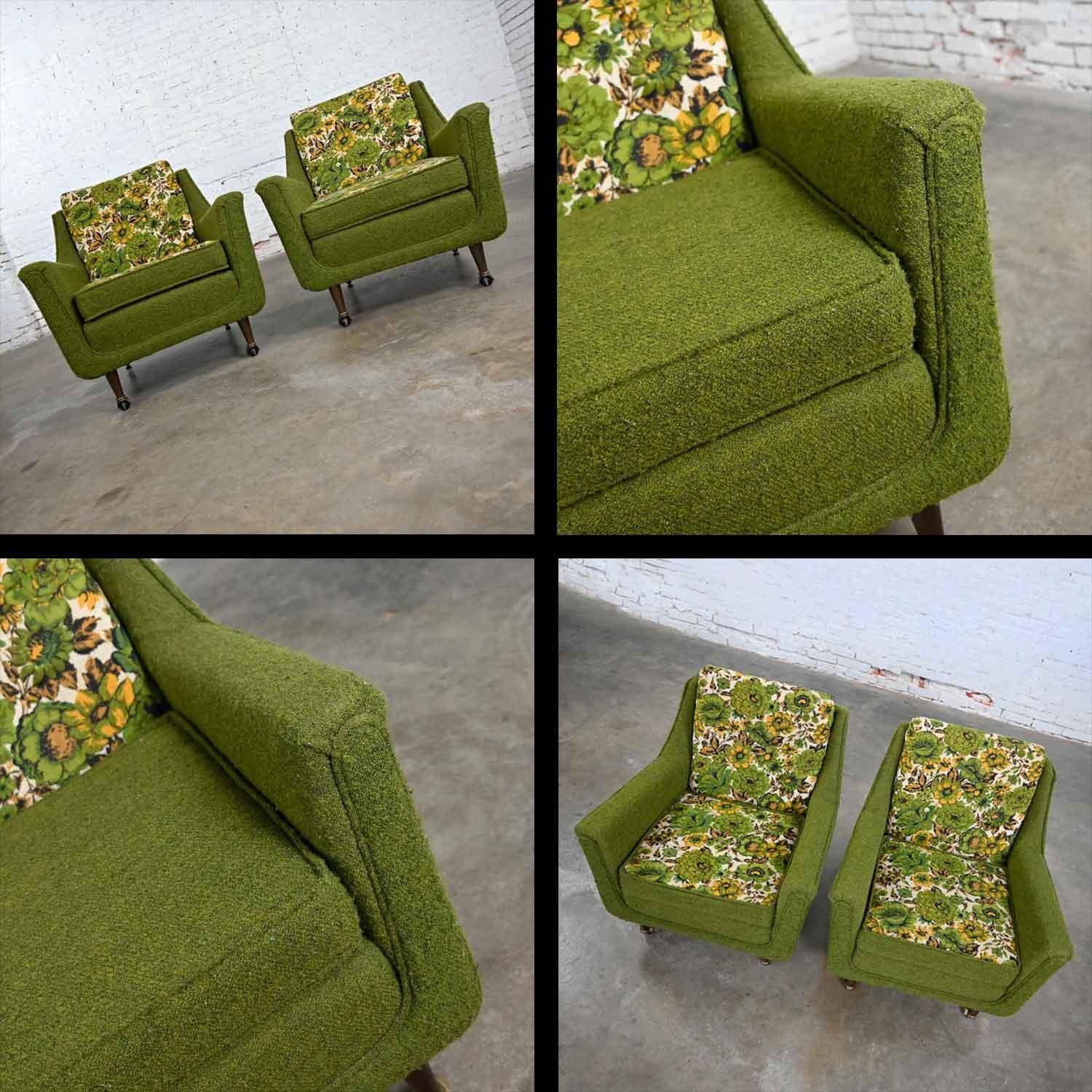 MCM Pair Two-Toned Lounge Chairs by Mastercraft Original Green & Floral Fabric 4