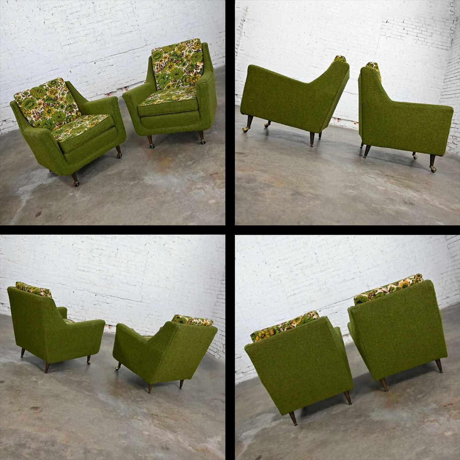MCM Pair Two-Toned Lounge Chairs by Mastercraft Original Green & Floral Fabric 5