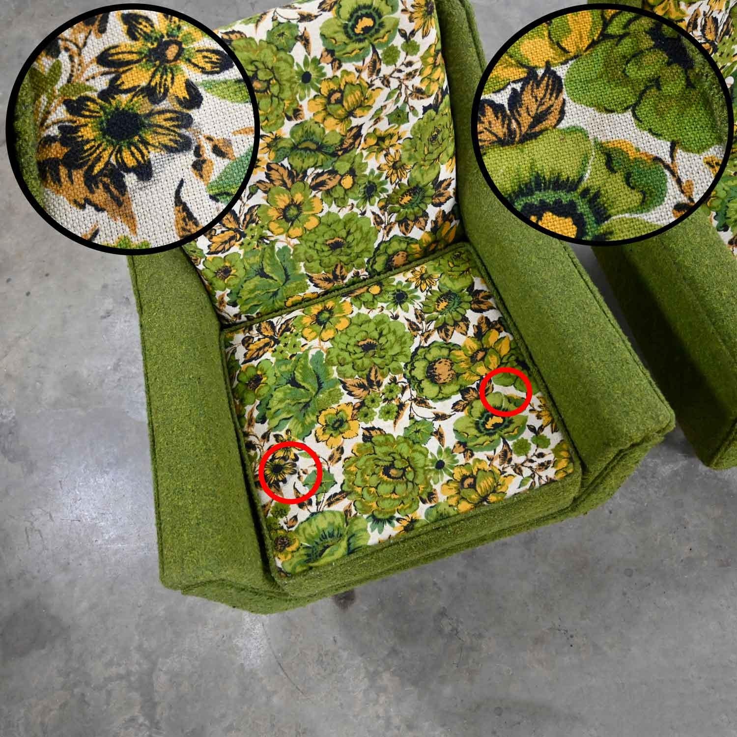 MCM Pair Two-Toned Lounge Chairs by Mastercraft Original Green & Floral Fabric 6