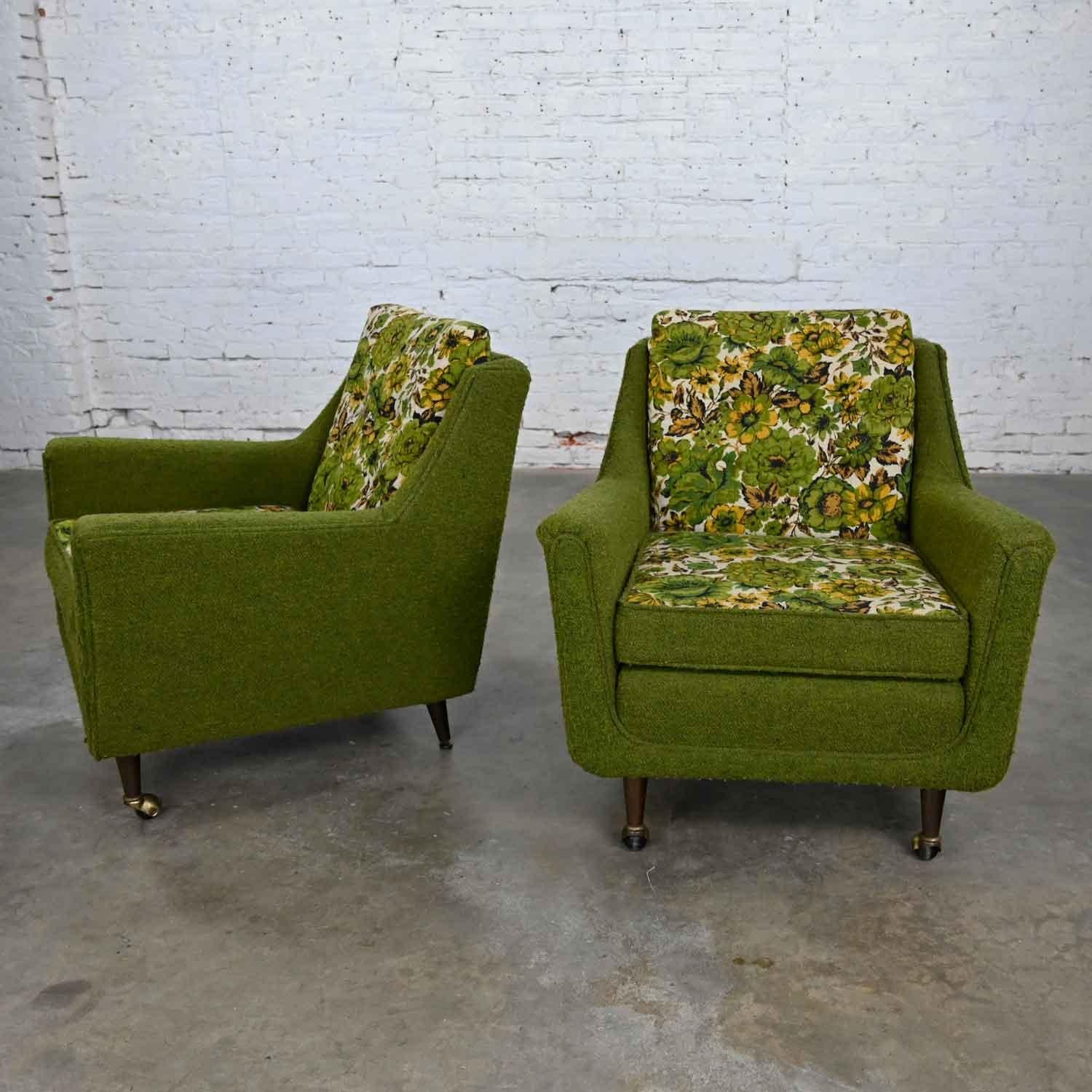 MCM Pair Two-Toned Lounge Chairs by Mastercraft Original Green & Floral Fabric 7