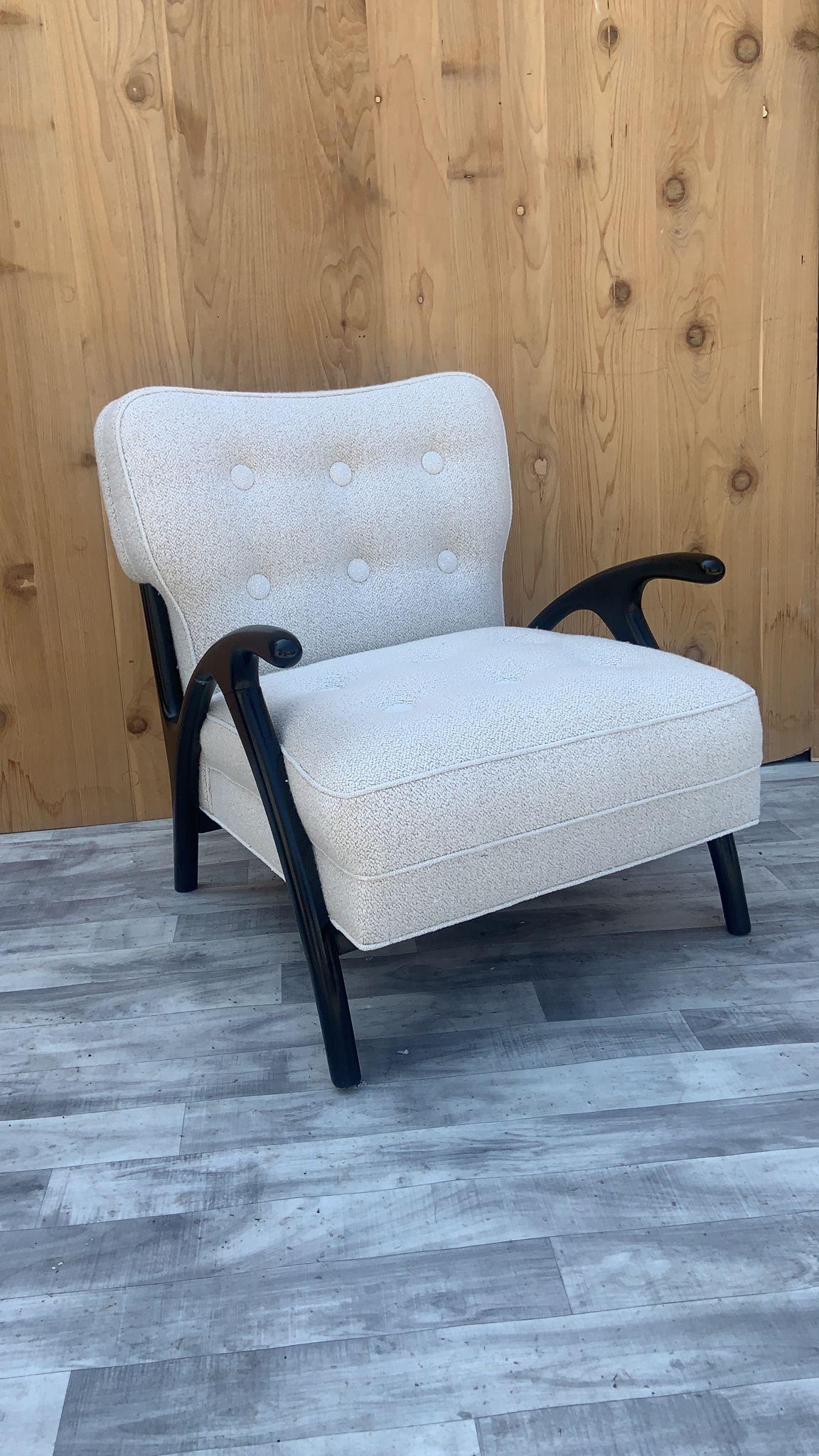 Hand-Crafted MCM Paolo Buffa Style Ebonized Sculptural Button Back Arm Chair in White Boucle For Sale