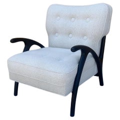 Vintage MCM Paolo Buffa Style Ebonized Sculptural Button Back Arm Chair in White Boucle