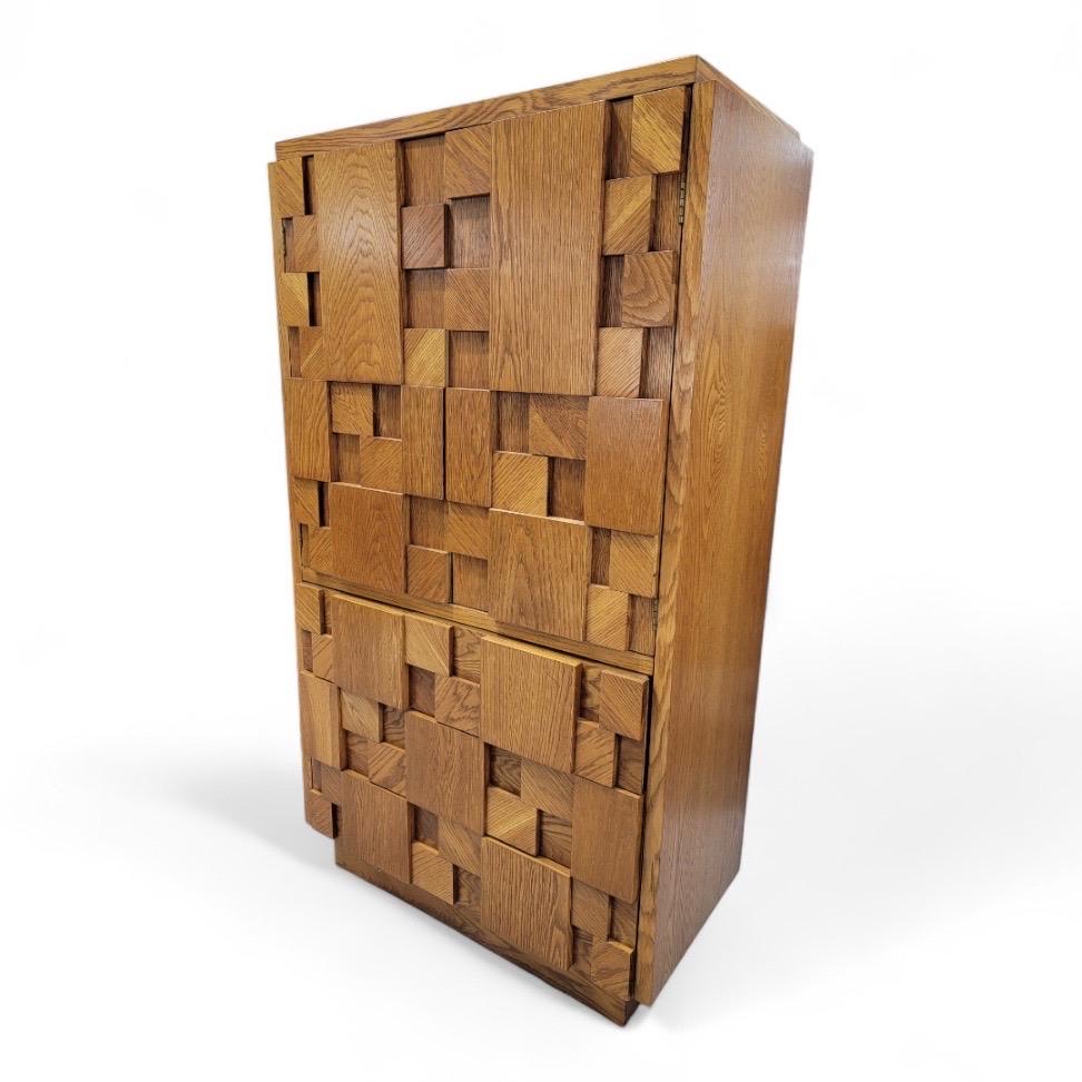 MCM Paul Evans Style Brutalist Armoire Set by Lane Furniture Co - Pair In Good Condition In Chicago, IL