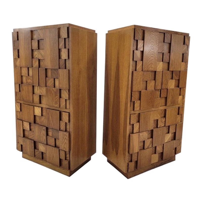 MCM Paul Evans Style Brutalist Armoire Set by Lane Furniture Co - Pair