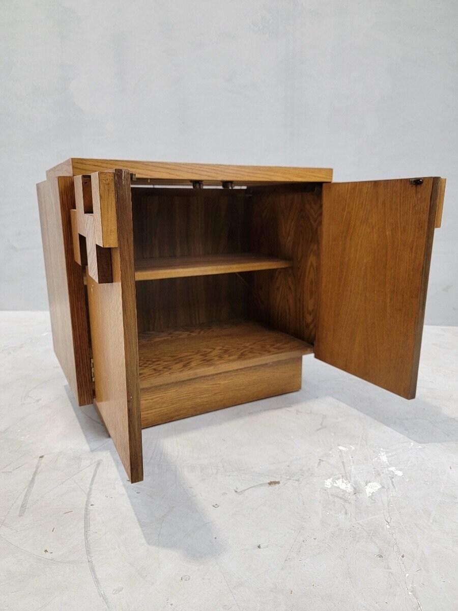 Mid Century Modern Paul Evans Style Brutalist Nightstand Side Table Styled After Lane Furniture Co. 

Featuring MCM nightstand designed in the Brutalist style after Paul Evans and Lane USA. The nightstand has 2 doors with a fixed interior shelf.