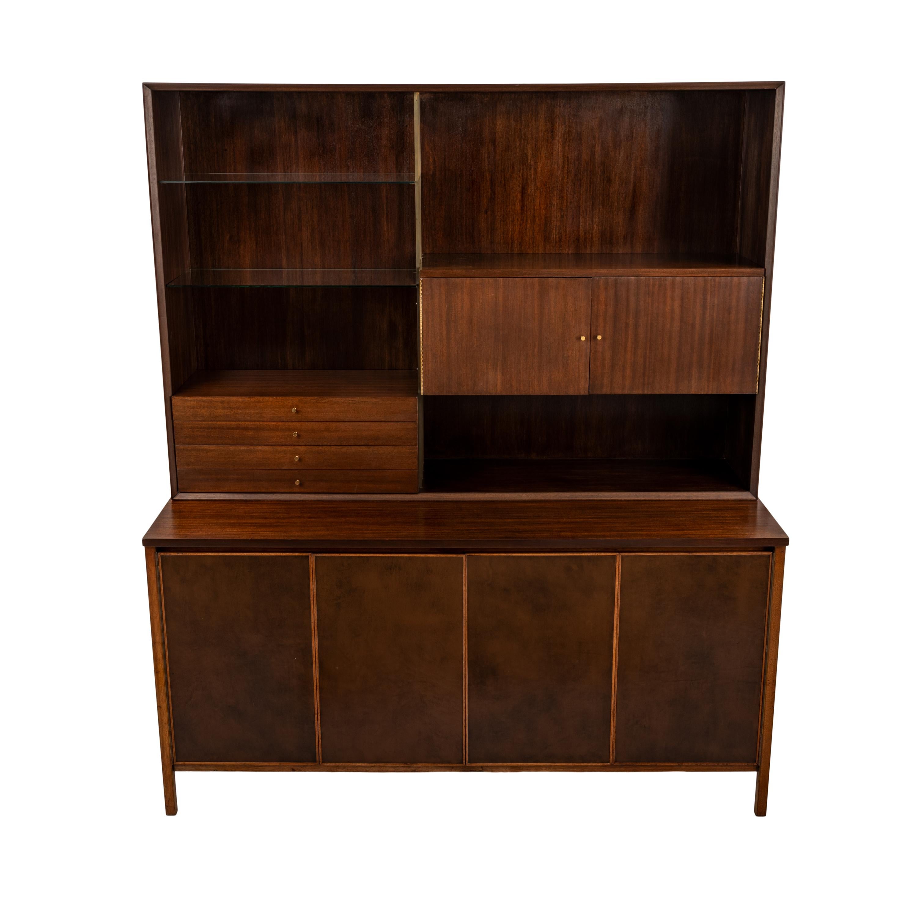 American MCM Paul McCobb Irwin Collection Calvin Credenza Sideboard Leather Brass Walnut For Sale