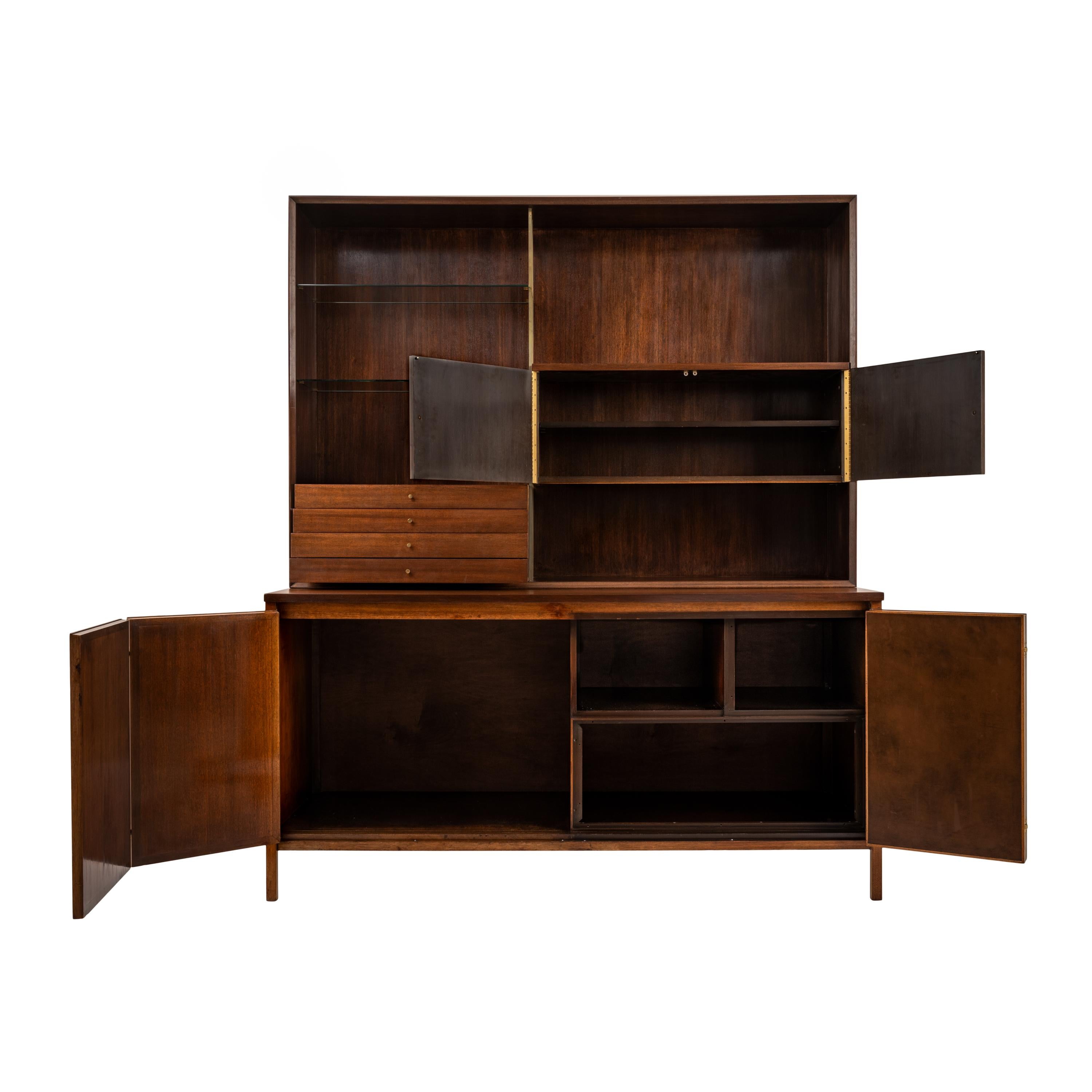MCM Paul McCobb Irwin Collection Calvin Credenza Sideboard Leather Brass Walnut In Good Condition For Sale In Portland, OR
