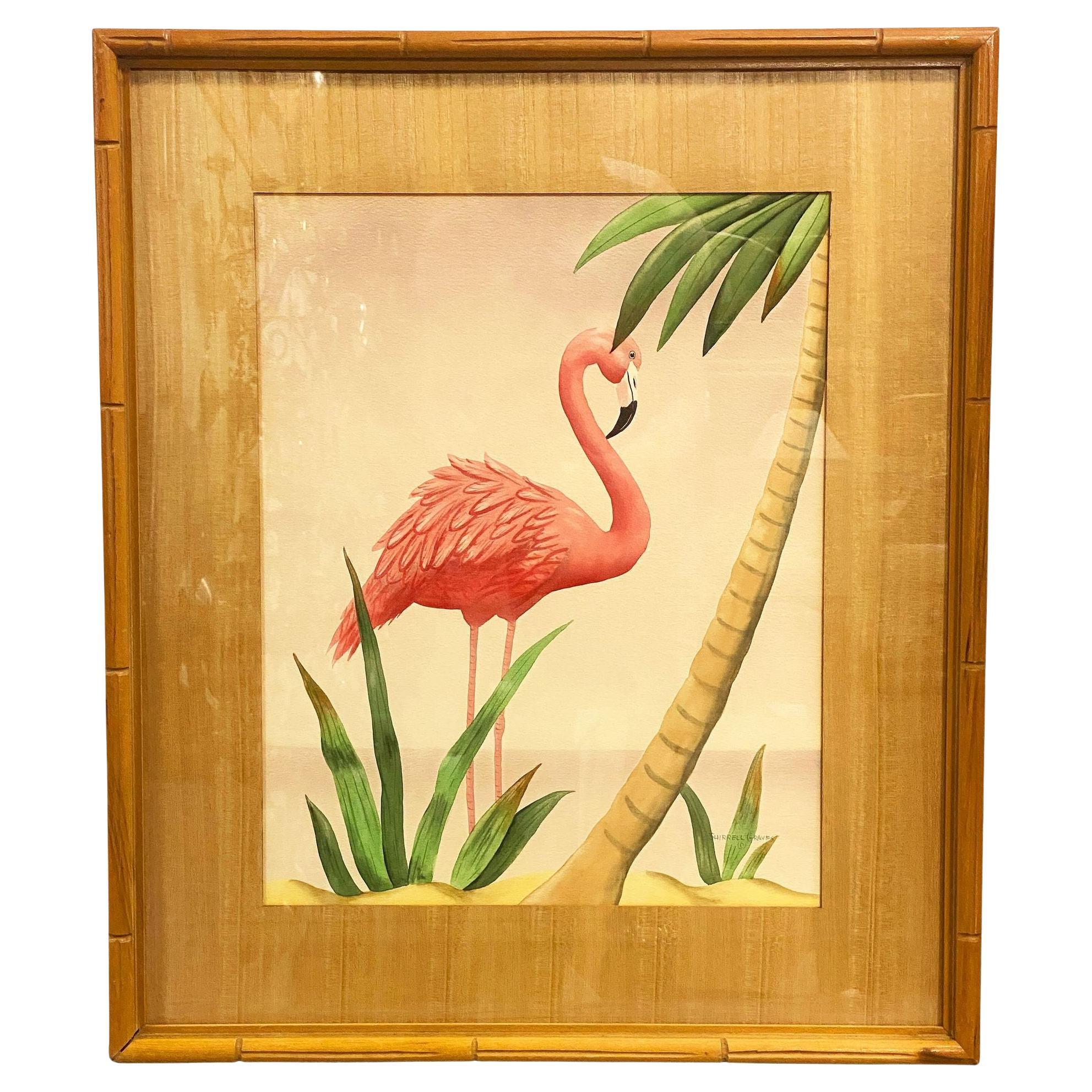 MCM Peeking Pink Flamingo Aquarelle sur papier signée par Shirrell Graves, encadrée