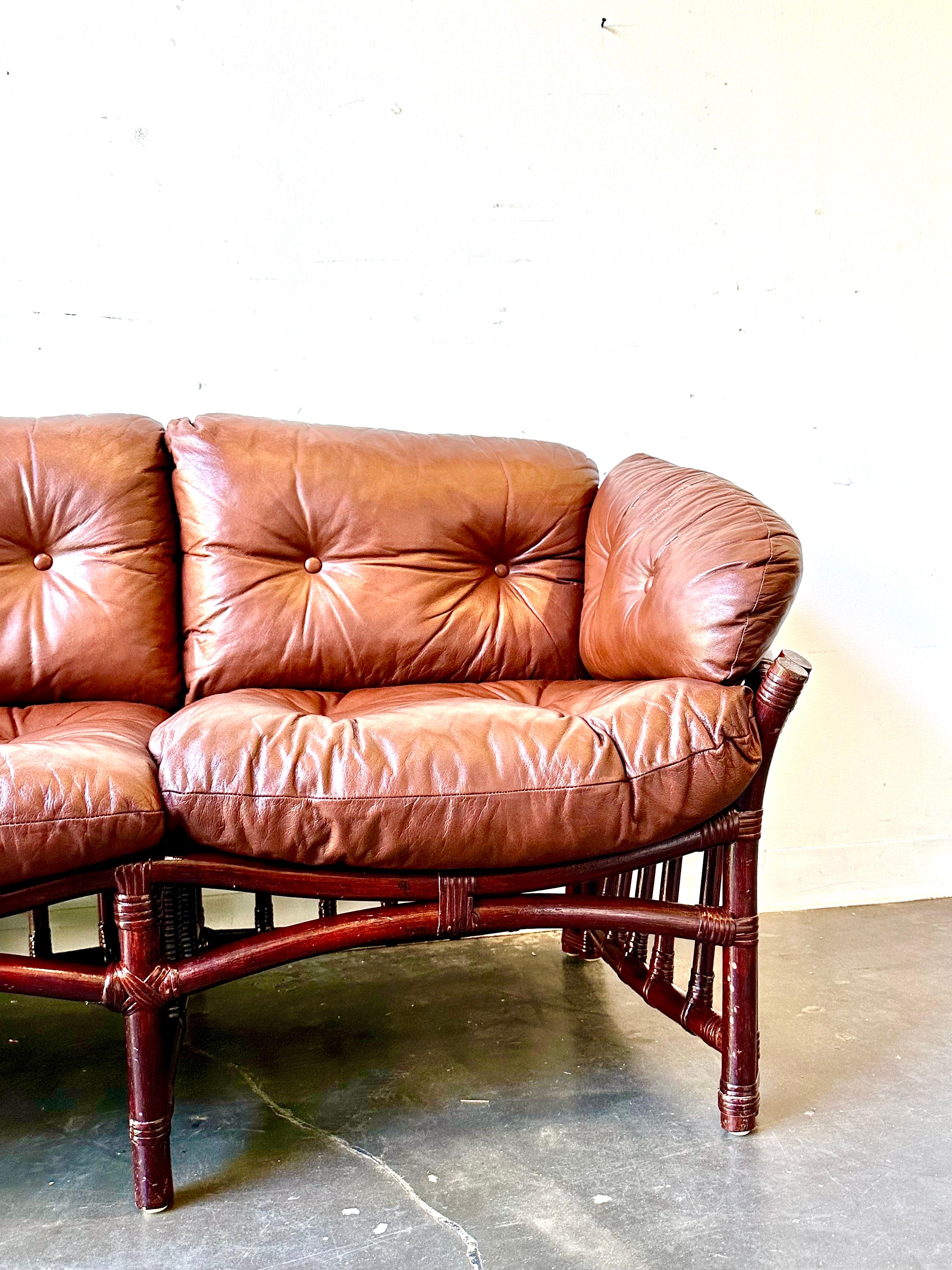 Mid-Century Modern MCM Percival Lafer Style Leather and rattan sofa 