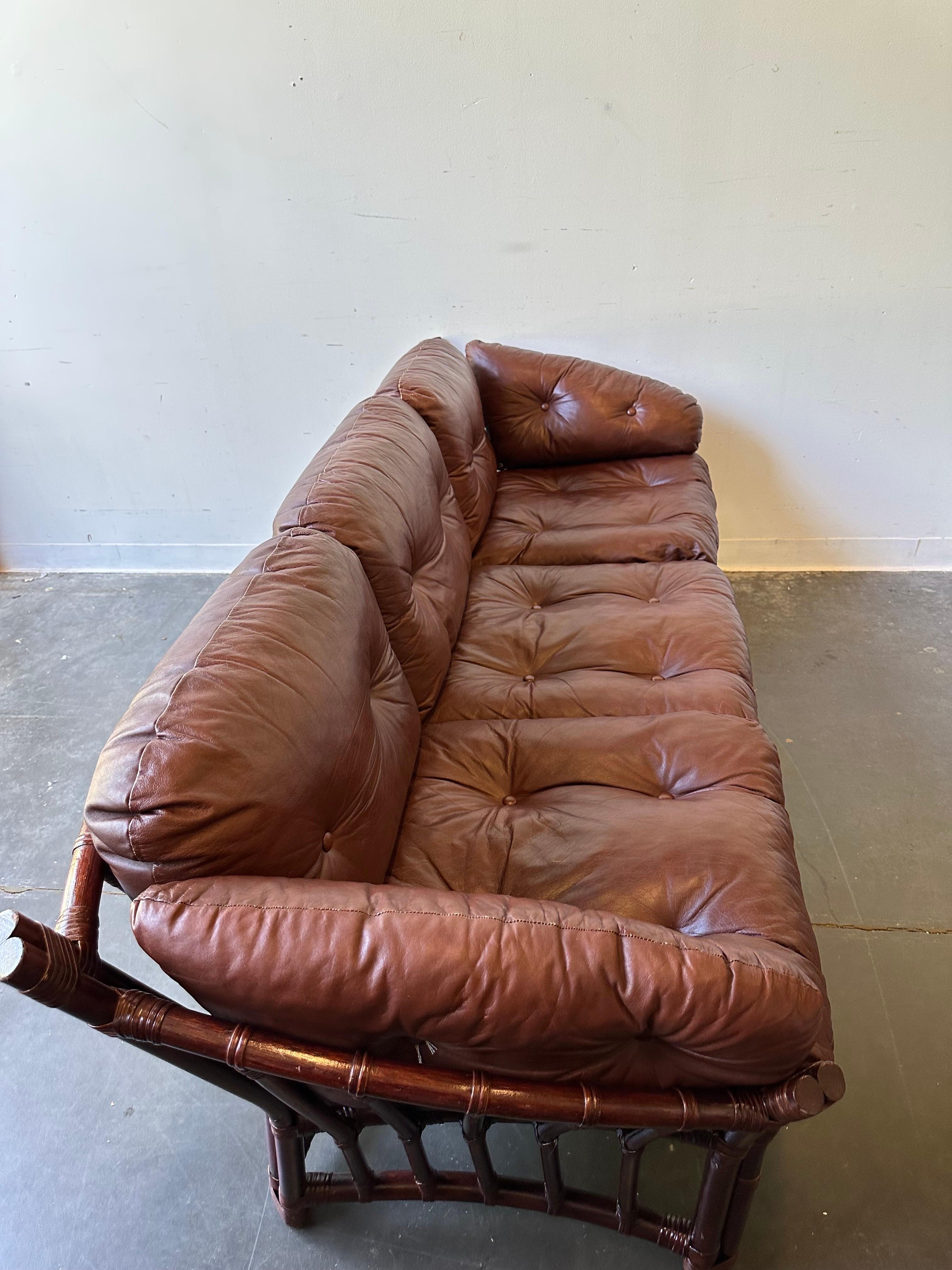 MCM Percival Lafer Style Leather and rattan sofa  In Good Condition In Sayreville, NJ