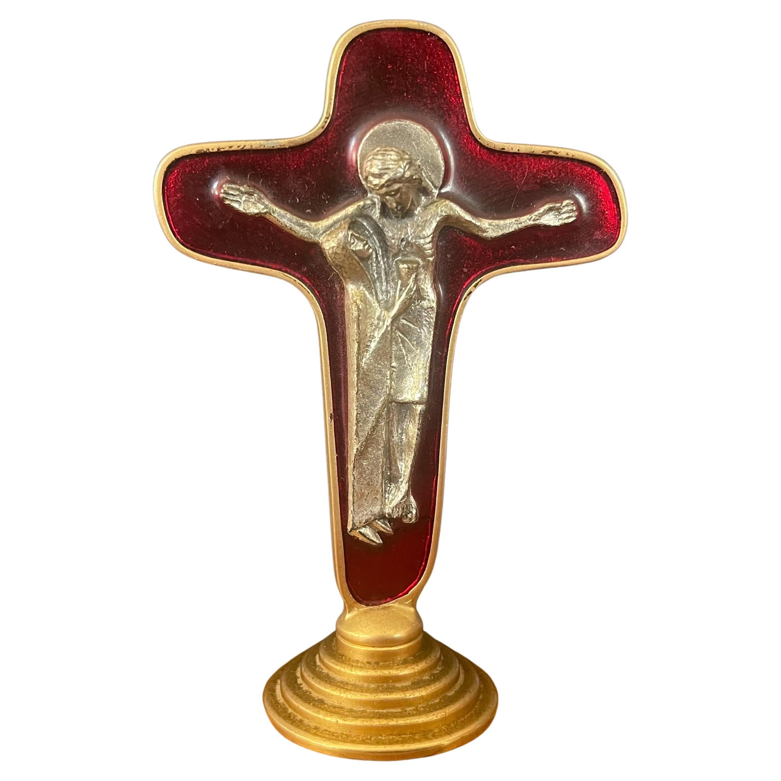 A very nice MCM petite red enamel and brass crucifix / cross on base, circa 1970s. Nice weight and detail. #2475