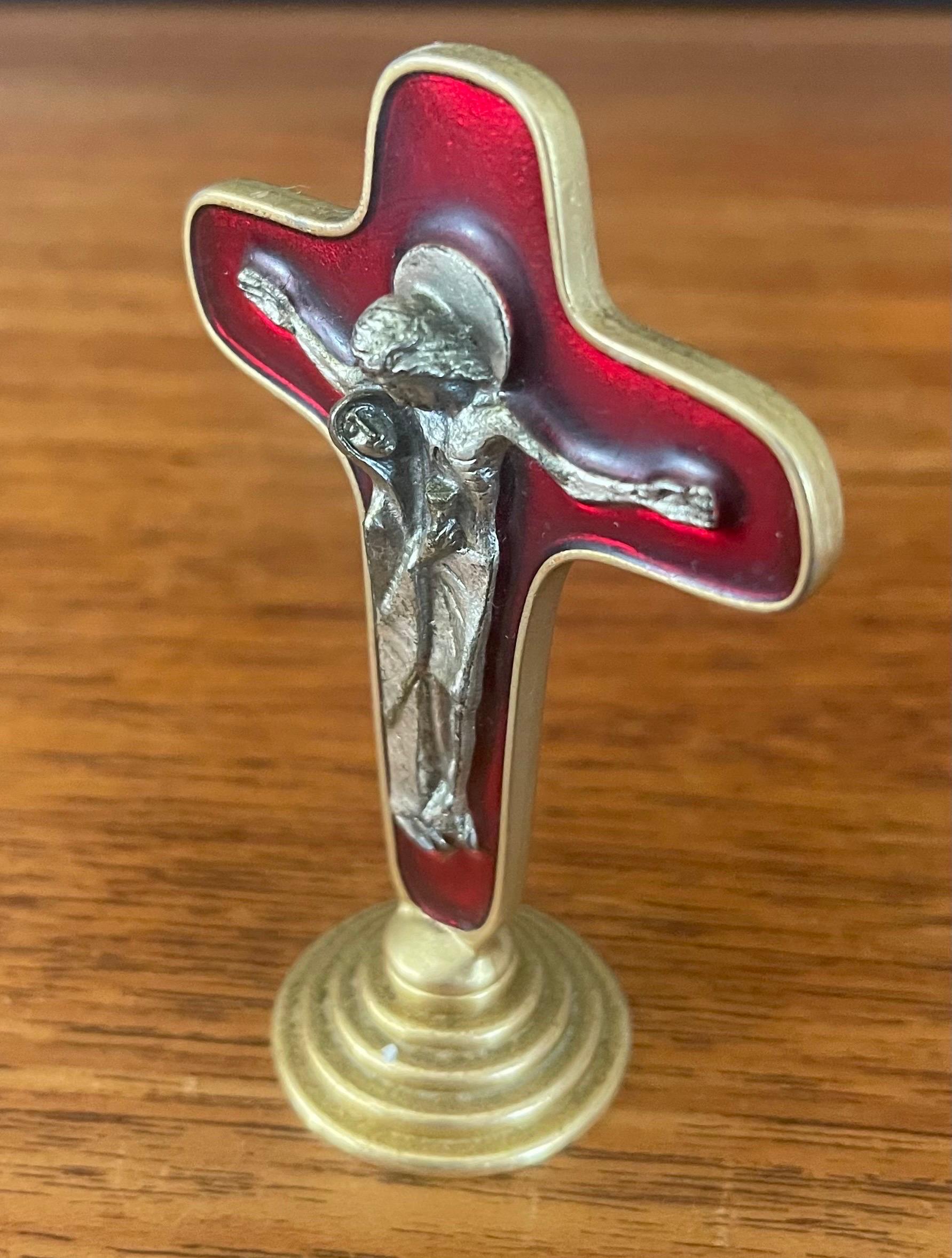 20th Century MCM Petite Red Enamel and Brass Crucifix / Cross on Base For Sale
