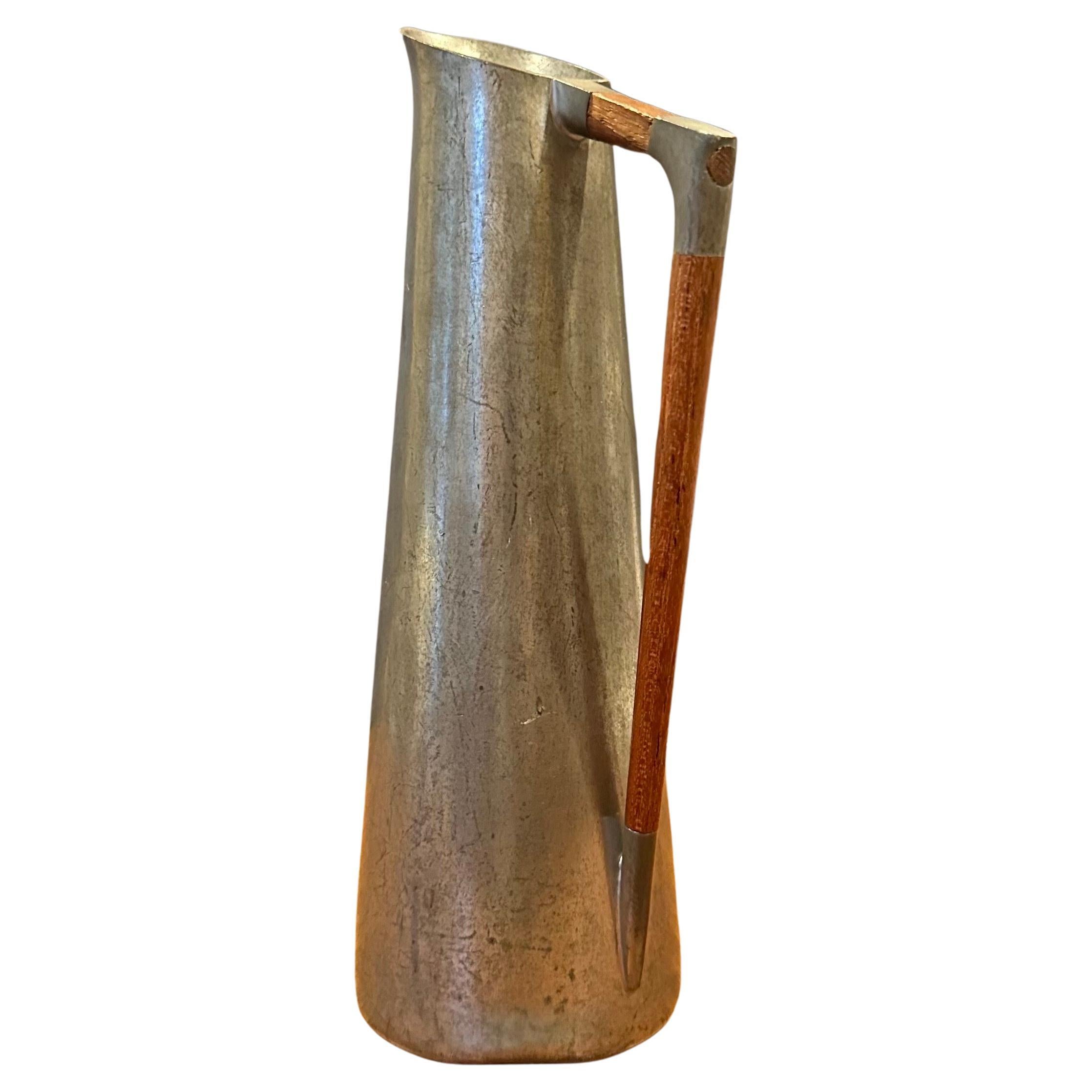 Mid-Century Modern MCM Pewter Carafe / Pitcher with Teak Handle by K.M.D Tiel Royal of Holland