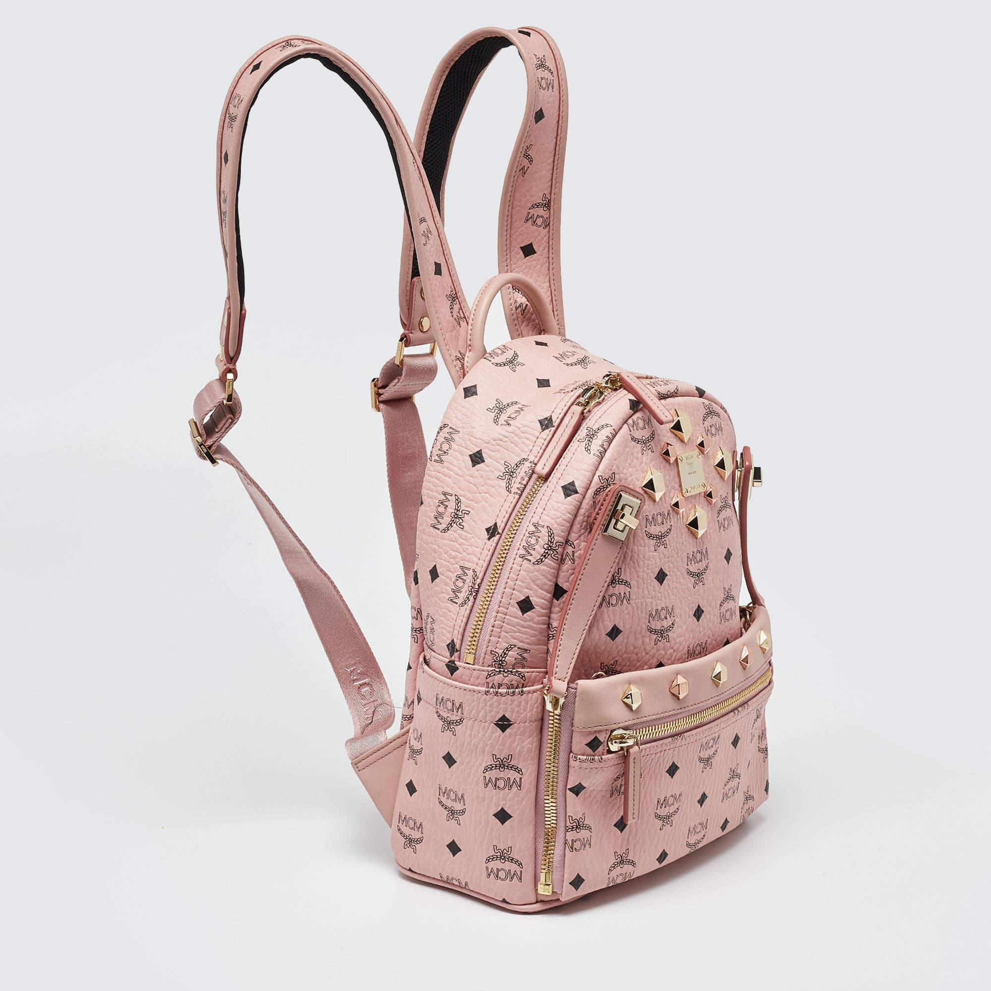 MCM Pink/Black Visetos Coated Canvas and Leather Dual Stark Backpack For Sale 10