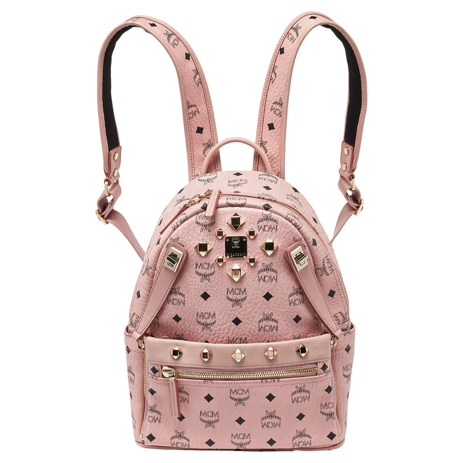 MCM Pink/Black Visetos Coated Canvas and Leather Dual Stark Backpack For Sale