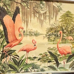 MCM Pink Flamingo Lithograph Print Signed Arthur in Mirror Frame by Turner