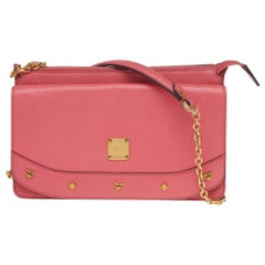 MCM Pink Leather Studded Flap Shoulder Bag
