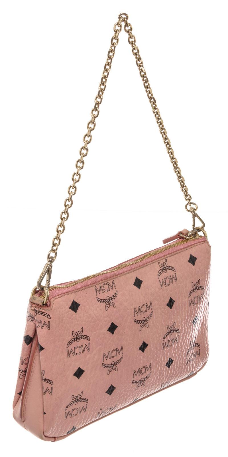 Brown MCM Pink Monogram Visetos Canvas Leather Millie Top Zip Small Shoulder Bag