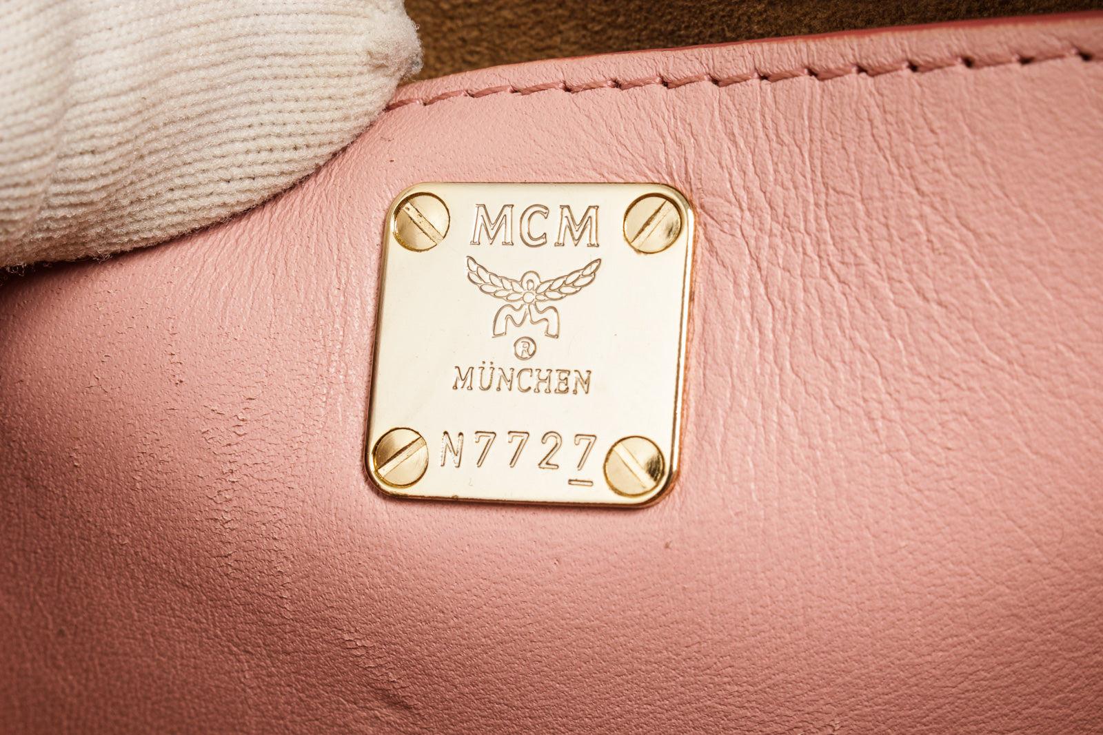 MCM Pink Monogram Visetos Canvas Leather Millie Top Zip Small Shoulder Bag In Good Condition In Irvine, CA