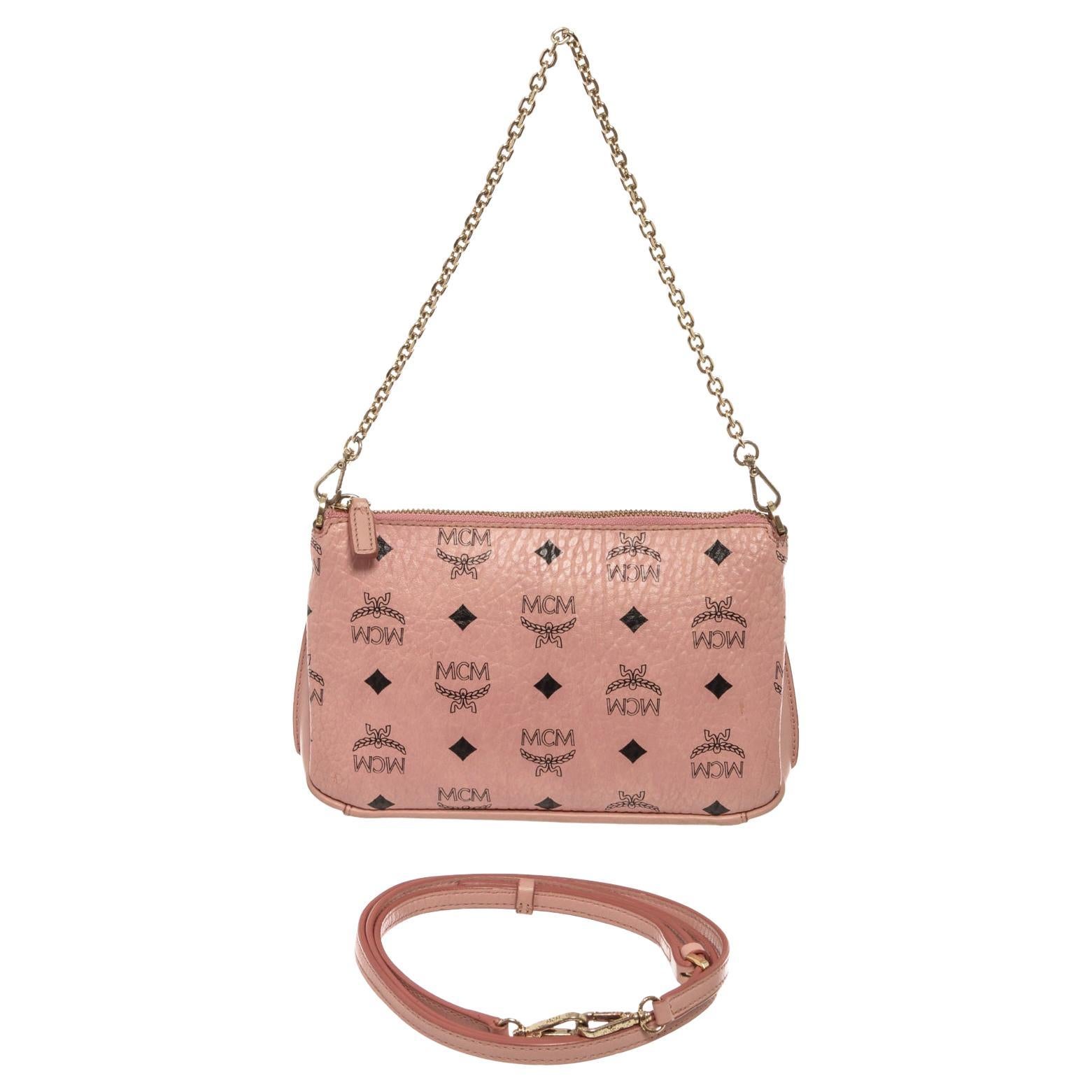 MCM Pink Monogram Visetos Canvas Leather Millie Top Zip Small Shoulder Bag